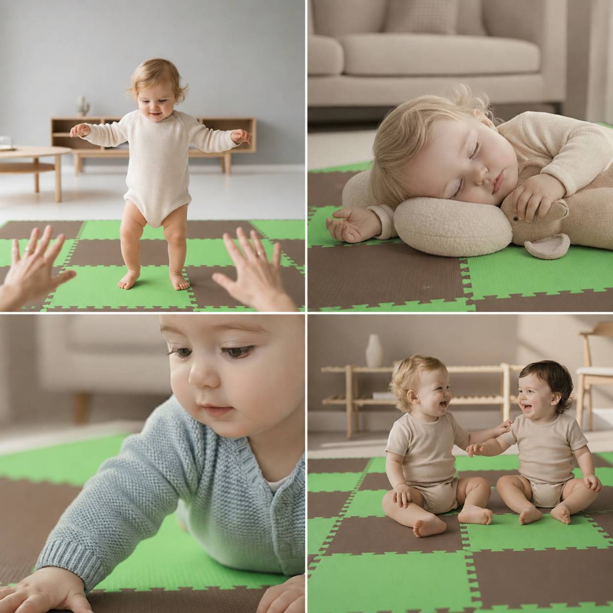 Vierteiliges Fotocollage von Kleinkindern, die auf Schaumstoffmatten spielen: ein Kind läuft mit Hilfe, ein Kind schläft auf einem Kissen, eine Nahaufnahme eines krabbelnden Kindes und zwei Kinder sitzen zusammen und lachen.