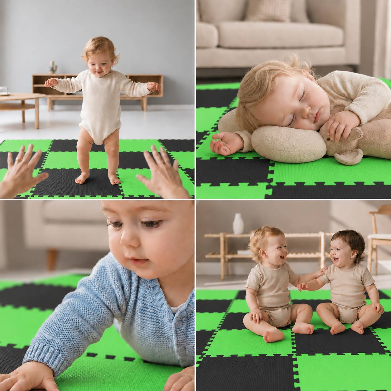 Vier Fotos von Kleinkindern auf grün-schwarzen Schaumstoff-Spielmatten: ein Kind, das lernt zu stehen, ein schlafendes Baby, eine Nahaufnahme eines krabbelnden Kindes und zwei Säuglinge, die sitzen und sich an den Händen halten.