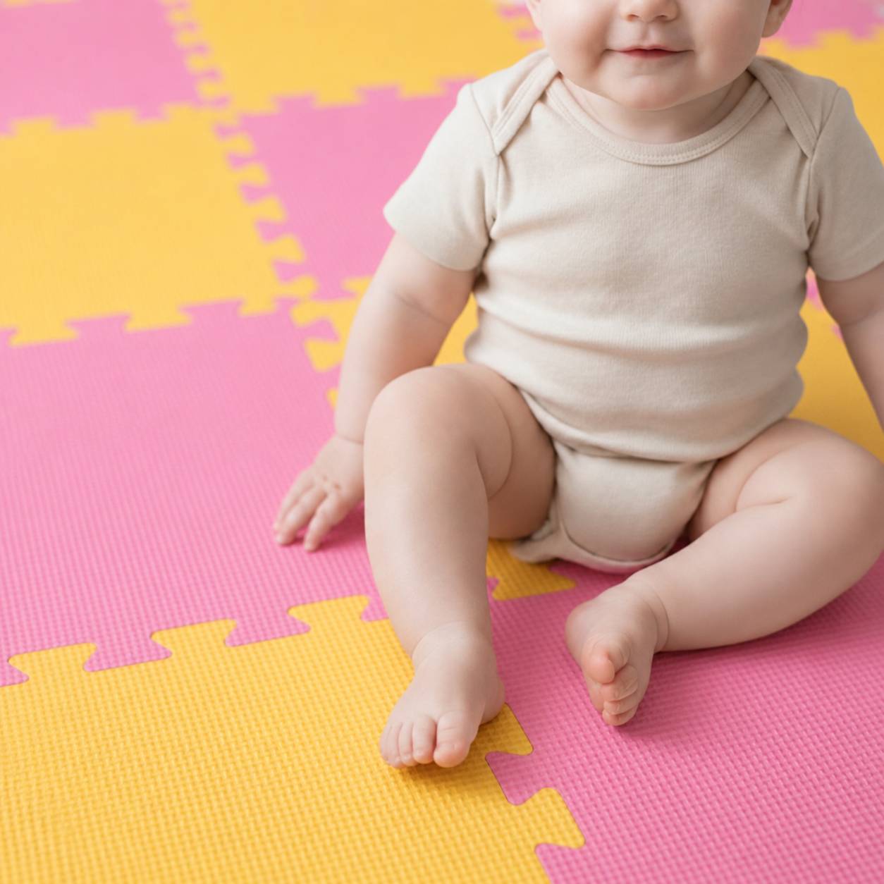 Baby sitzt auf rosa und gelben Schaumstoff-Spielmatten und trägt einen beigen Strampler.