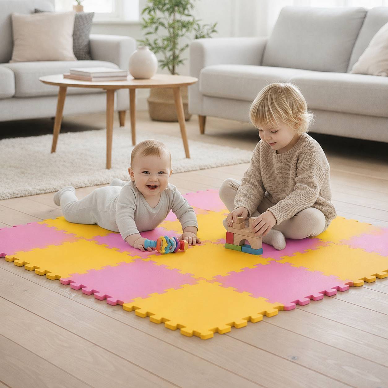 Zwei Kleinkinder spielen auf einer farbenfrohen Schaumstoffmatte in einem hellen Wohnzimmer, eines liegt und lächelt, das andere stapelt Holzbausteine.