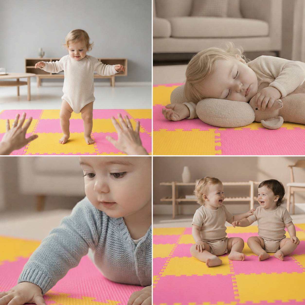 Vierteiliges Collagenbild eines Kleinkindes auf einer rosa-gelben Spielmatte: das Kind läuft auf ausgestreckte Hände zu, schläft auf einem Kissen, streckt sich in einer Nahaufnahme nach vorne, und sitzt neben einem anderen Kind.