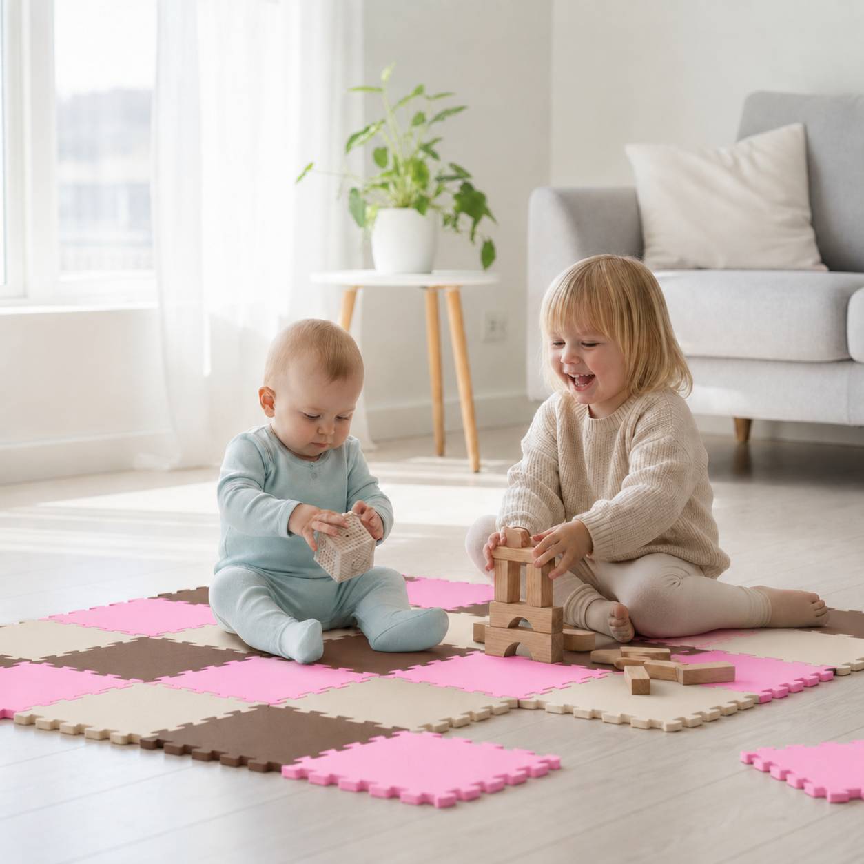 Zwei kleine Kinder sitzen auf einer Schaumstoff-Spielmatte in einem hellen Wohnzimmer und bauen mit Holzbausteinen.