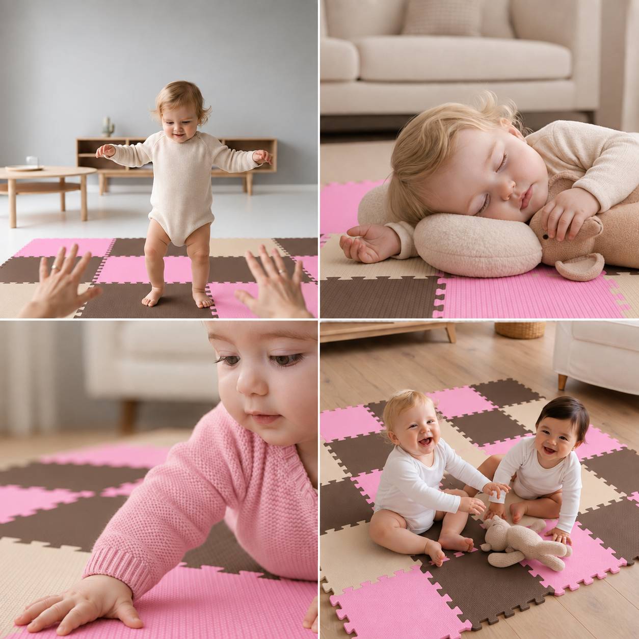 Collage von Babys, die auf rosa-braunen Schaumstoffmatten spielen: eines steht mit Erwachsenenhänden in der Nähe, eines schläft, eines krabbelt in Großaufnahme, und zwei sitzen lächelnd mit Spielzeugen.