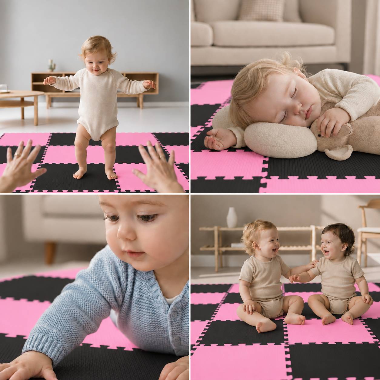Collage eines Babys und Kleinkindes auf rosa-schwarzen Schaumstoffmatten: stehend mit Hilfe, schlafend, Nahaufnahme beim Krabbeln und zwei Kleinkinder sitzend und zusammen lächelnd.