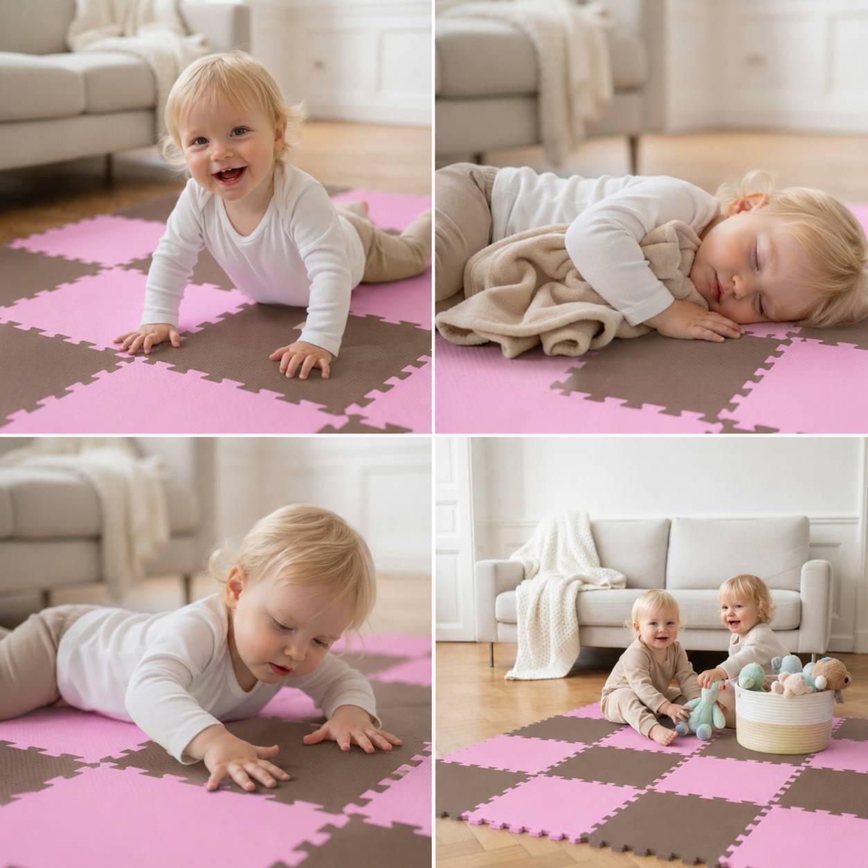 Vierteiliges Foto eines blonden Kleinkindes, das auf rosa-braunen Schaumstoffmatten spielt, krabbelt, auf einer Decke ruht und mit Stofftieren im Wohnzimmer sitzt.