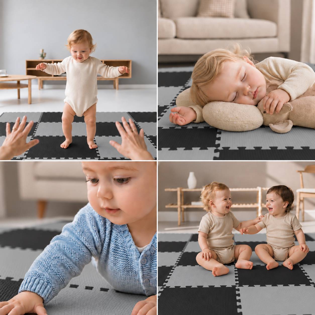 Vierteiliges Collage eines Kleinkindes beim Lernen und Spielen auf Schaumstoffmatten: stehend mit Hilfe, schlafend auf einem Kissen, sich ausstreckend, und sitzend mit einem anderen Kind.