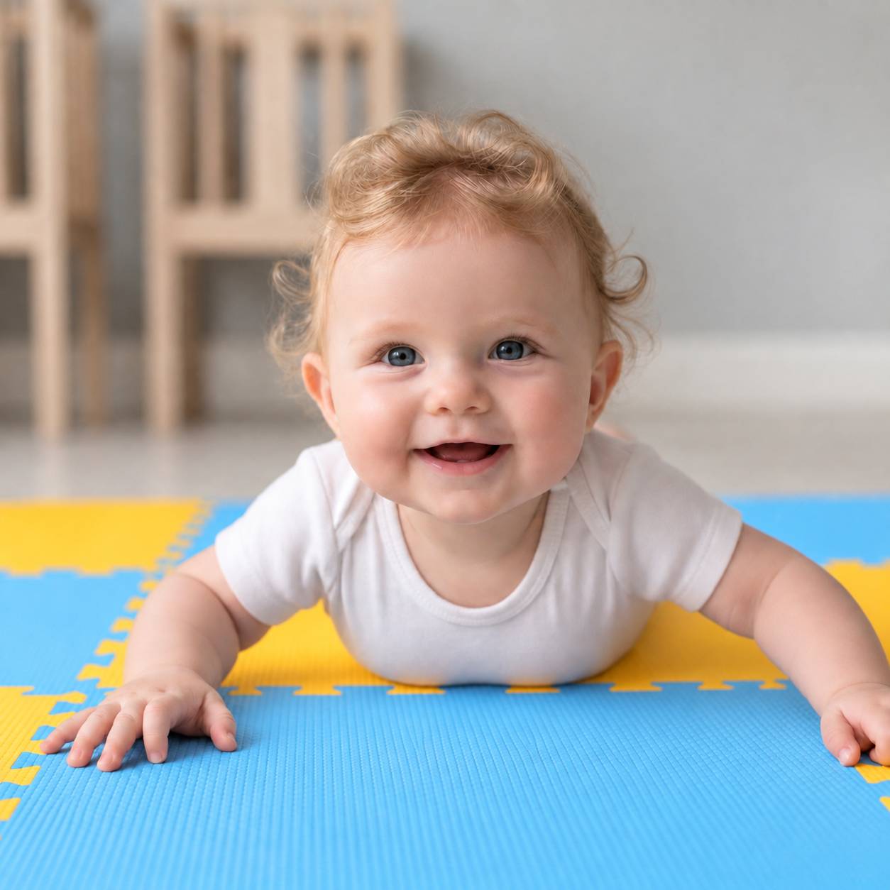 Ein lächelndes Baby liegt auf einer blau-gelben Schaumstoffmatte und streckt sich nach vorne in Richtung der Kamera in einem hellen Innenraum.