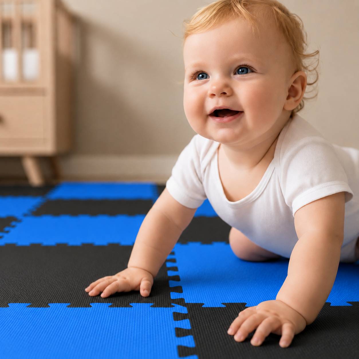 Lachendes Baby krabbelt auf blauer und schwarzer Schaumstoff-Spielmatte im Innenbereich.