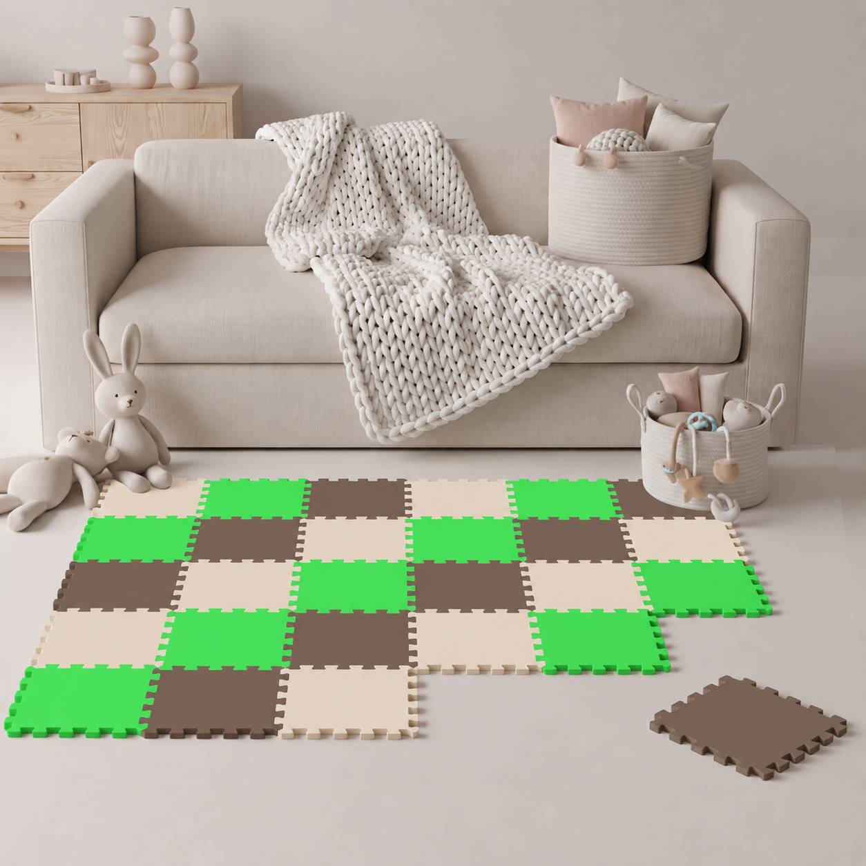 Cremefarbenes Sofa in einem Kinderzimmer-ähnlichen Raum mit einer gestrickten Decke, Kuscheltieren und einer großen Schaumstoff-Puzzlematte in Grün, Braun und Beige auf dem Boden.