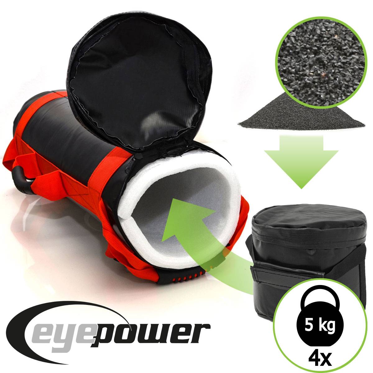 20kg Profi Power Bag mit 4 Wasserdichten Kettlebell Gewichten 6 Griffe Sandbag