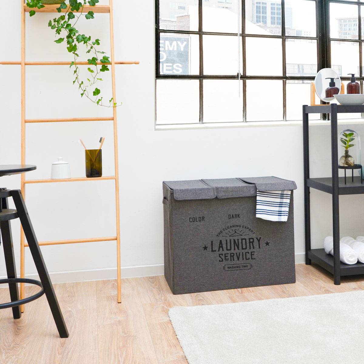 Wäschekorb 3 Fächer - 84L Wäschesammler Anthrazit mit Deckel - Wäsche Organizer