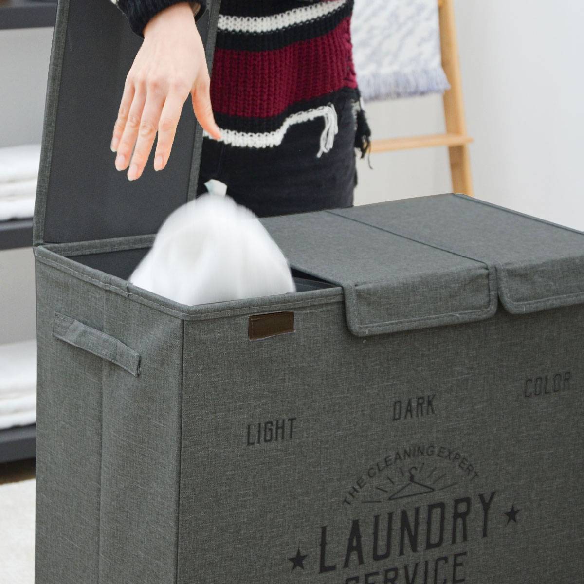 Wäschekorb 3 Fächer - 84L Wäschesammler Anthrazit mit Deckel - Wäsche Organizer