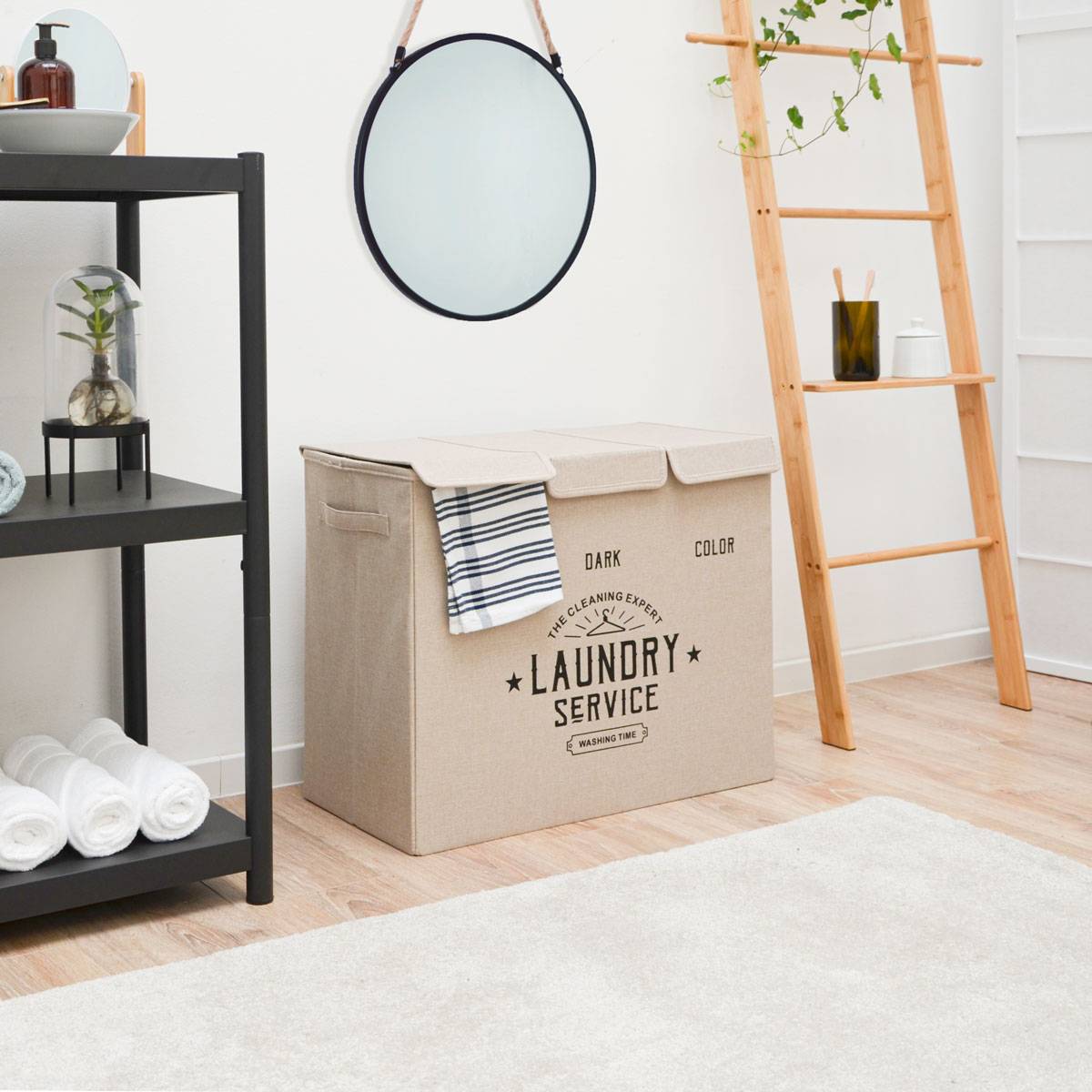 Wäschekorb 3 Fächer - 84L Wäschesammler Beige mit Deckel - Wäsche Organizer Bad