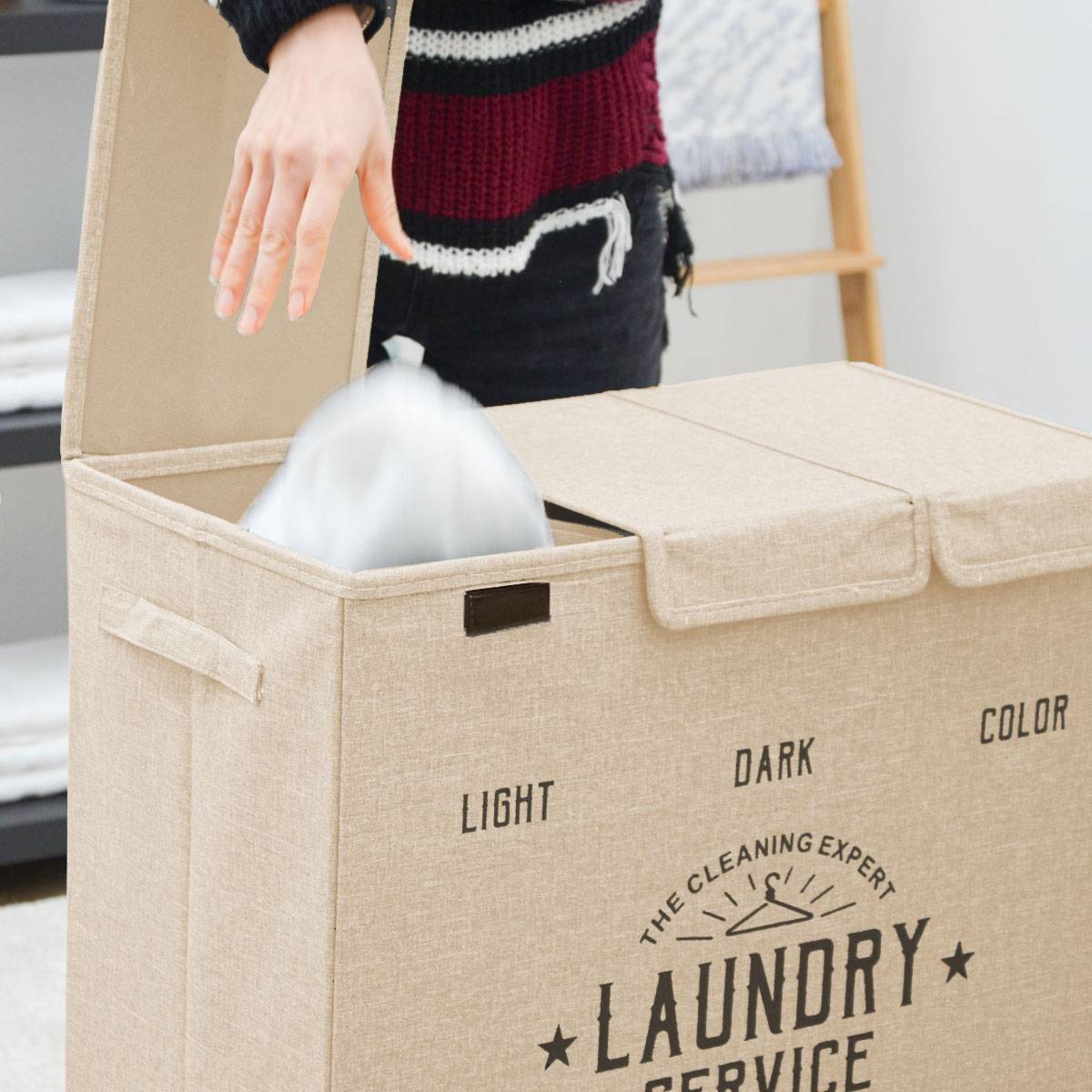 Wäschekorb 3 Fächer - 84L Wäschesammler Beige mit Deckel - Wäsche Organizer Bad