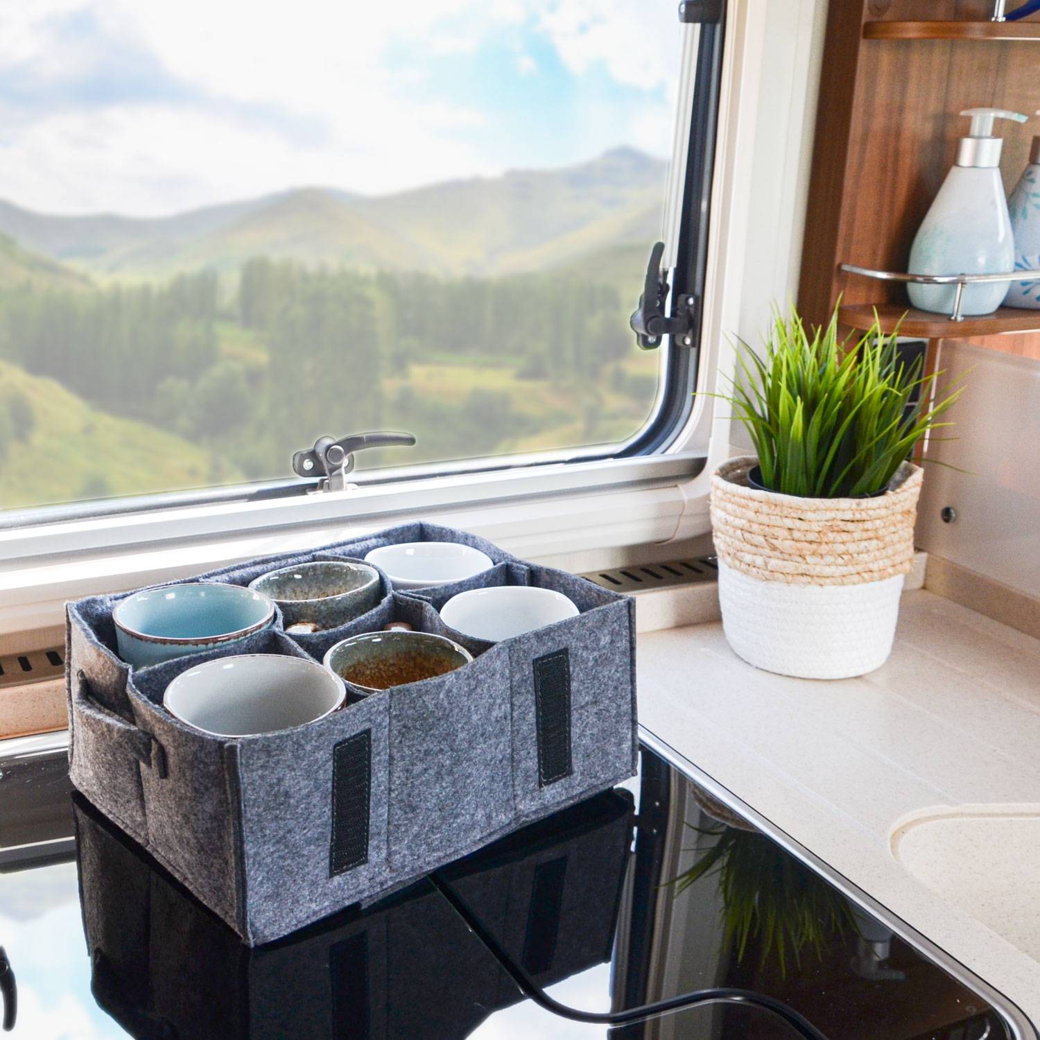 Filz Tassenhalter Camping - 28x21 Glashalter - Wohnmobil Geschirr Aufbewahrung