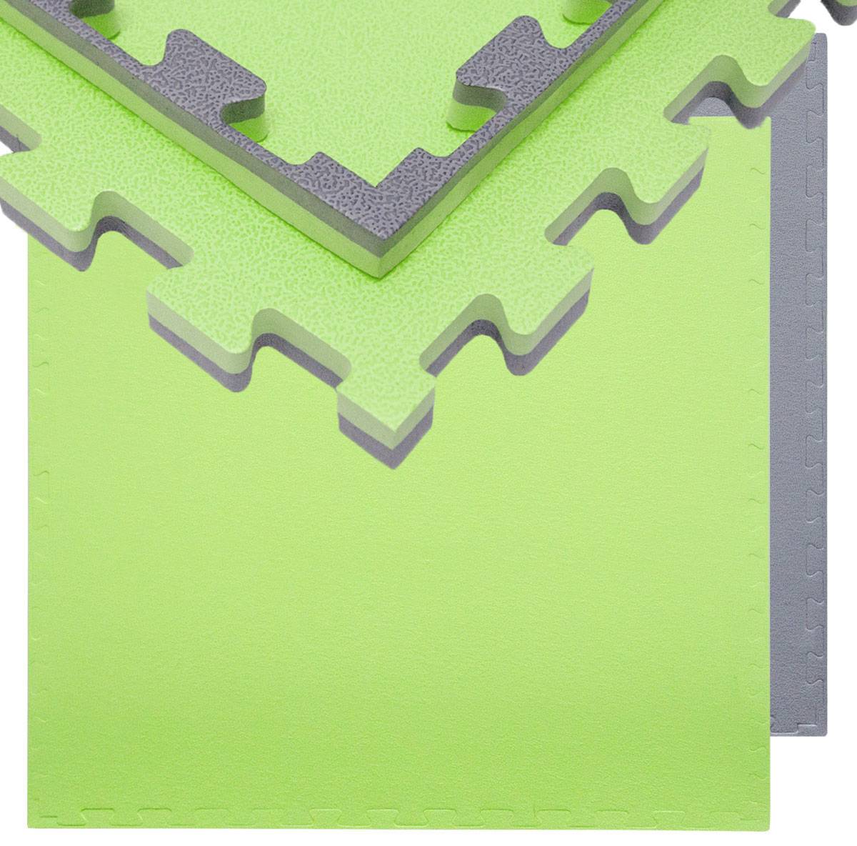 Abstraktes grünes Puzzleteil-Eck-Design auf limettengelbem Hintergrund, das ineinandergreifende Teile oder eine geschichtete Benutzeroberfläche andeutet.