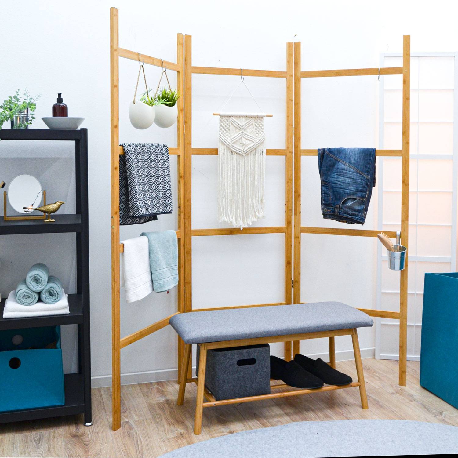 XL Handtuchleiter Bambus - 180x180 Kleiderleiter Wandleiter Regal Wäscheständer