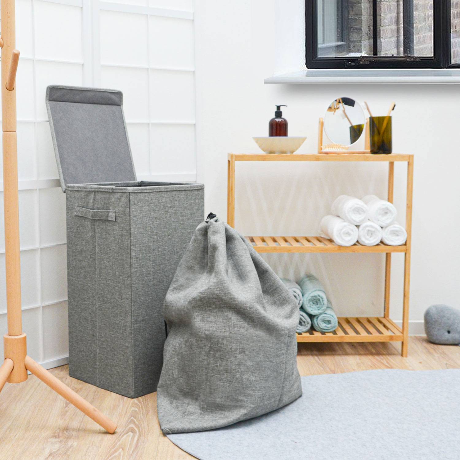 50L Wäschekorb mit Deckel und Wäschesack - 30x30x60 Wäschesammler Grau - Faltbar