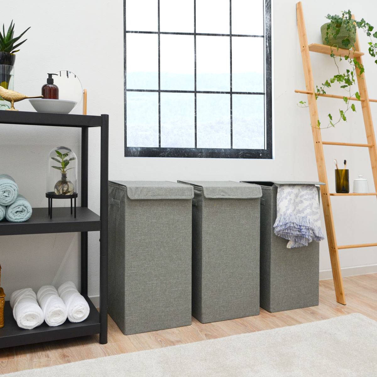 3er Set 50L Wäschekorb mit Deckel 30x30x60 - XXL Wäschesammler Wäschebox Faltbar