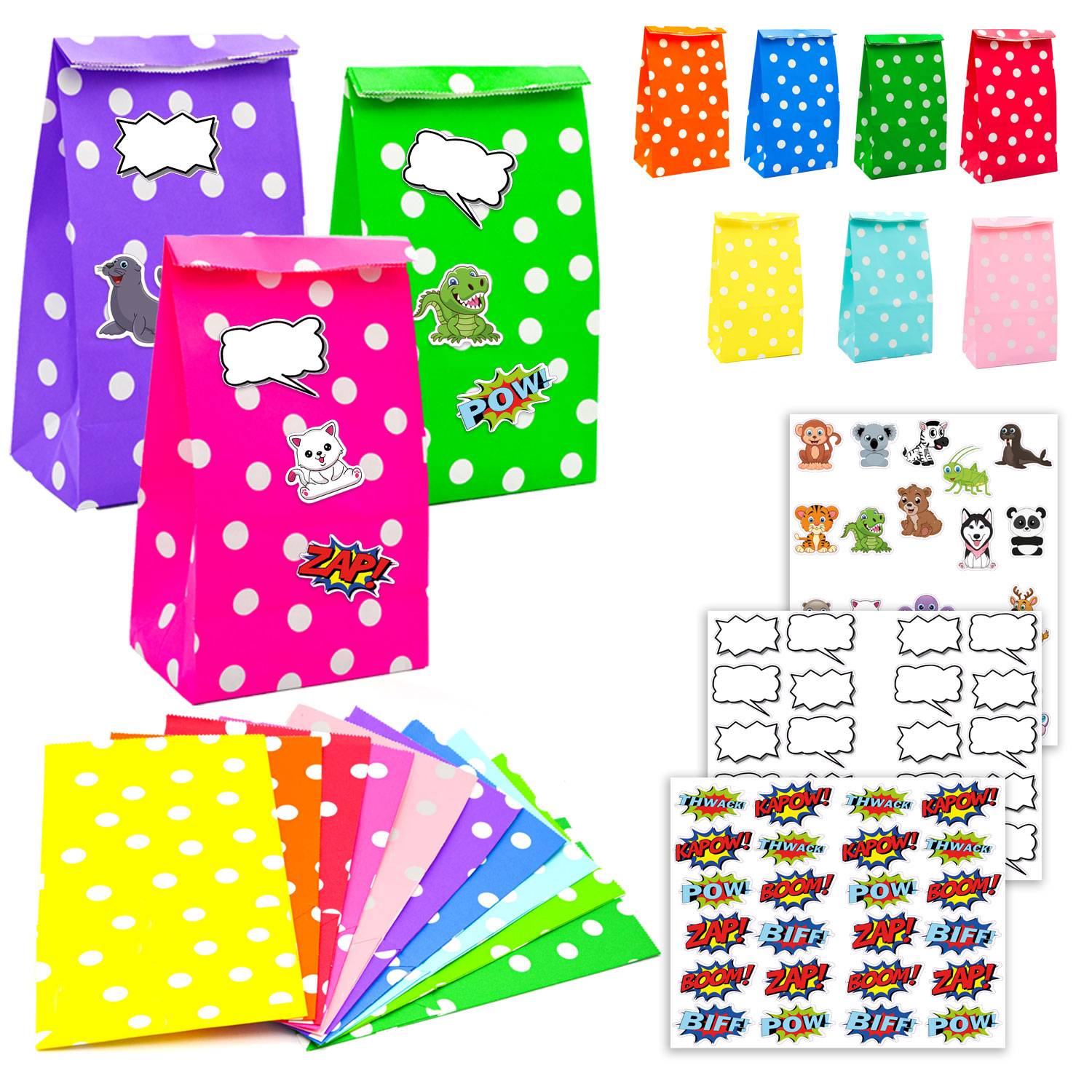 20 Geschenktüten Kindergeburtstag 24x13 Geburtstagstüten Kinder mit 64 Stickern