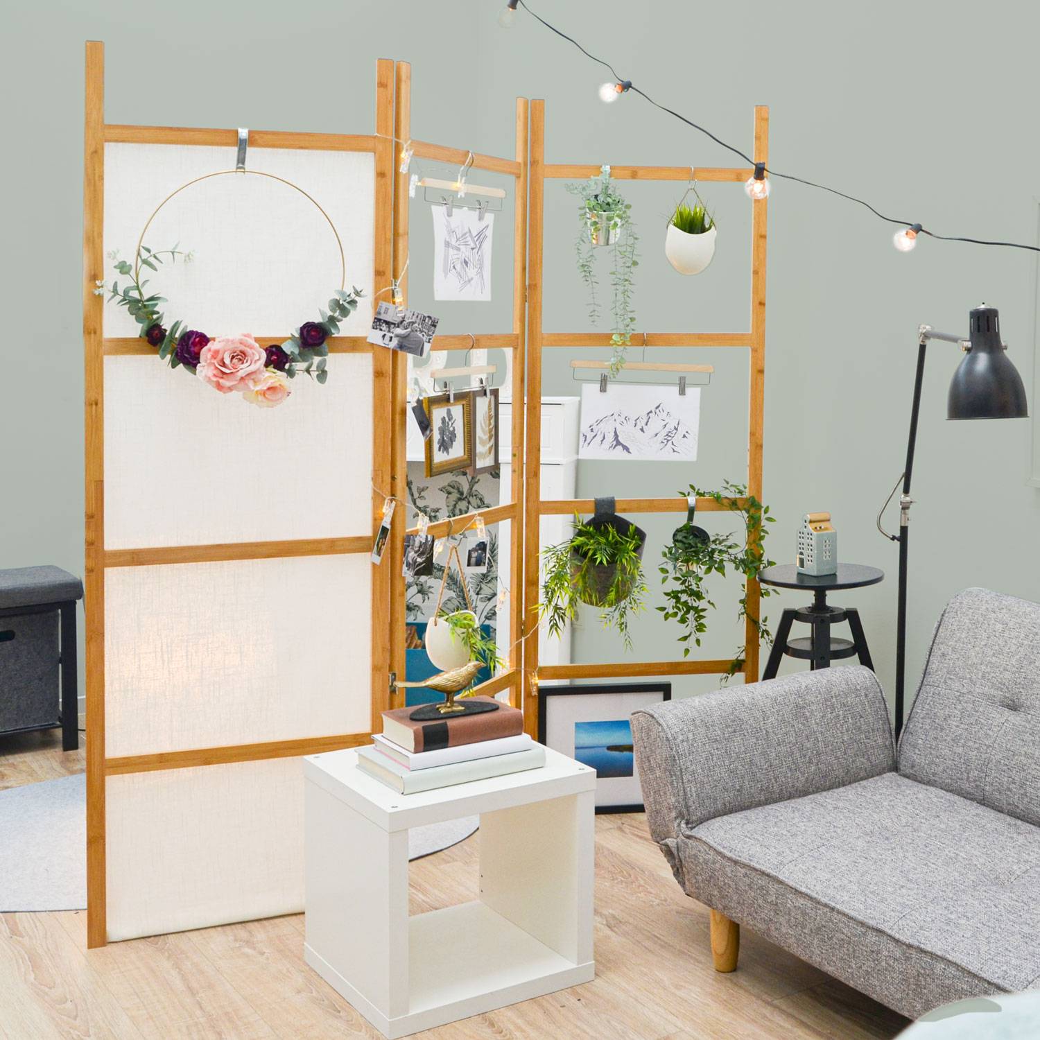 Raumteiler Holz zum Befüllen - 180x180 Pflanzen Deko Paravent Bambus Trennwand