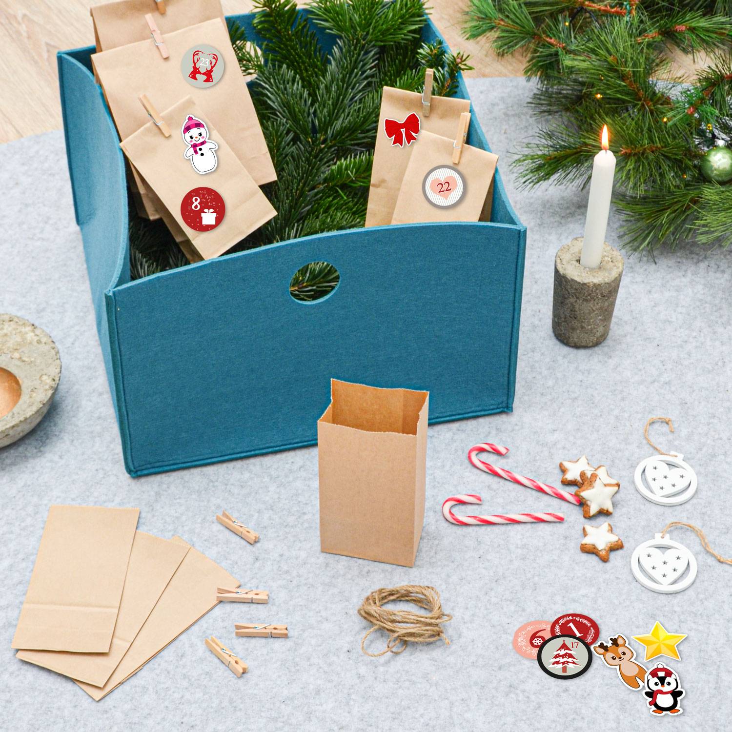 DIY Adventskalender zum Befüllen - 24 Papiertüten in 3 Größen Sticker Bastelset