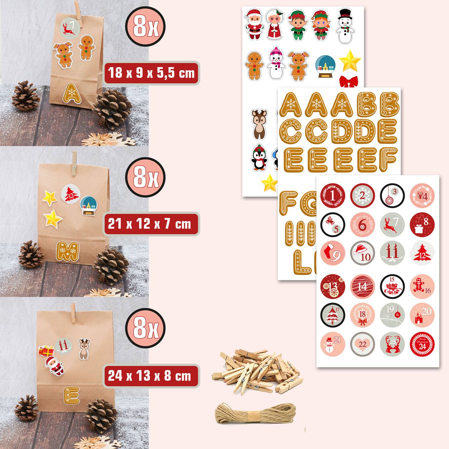 DIY Adventskalender zum Befüllen - 24 Papiertüten in 3 Größen Sticker Bastelset