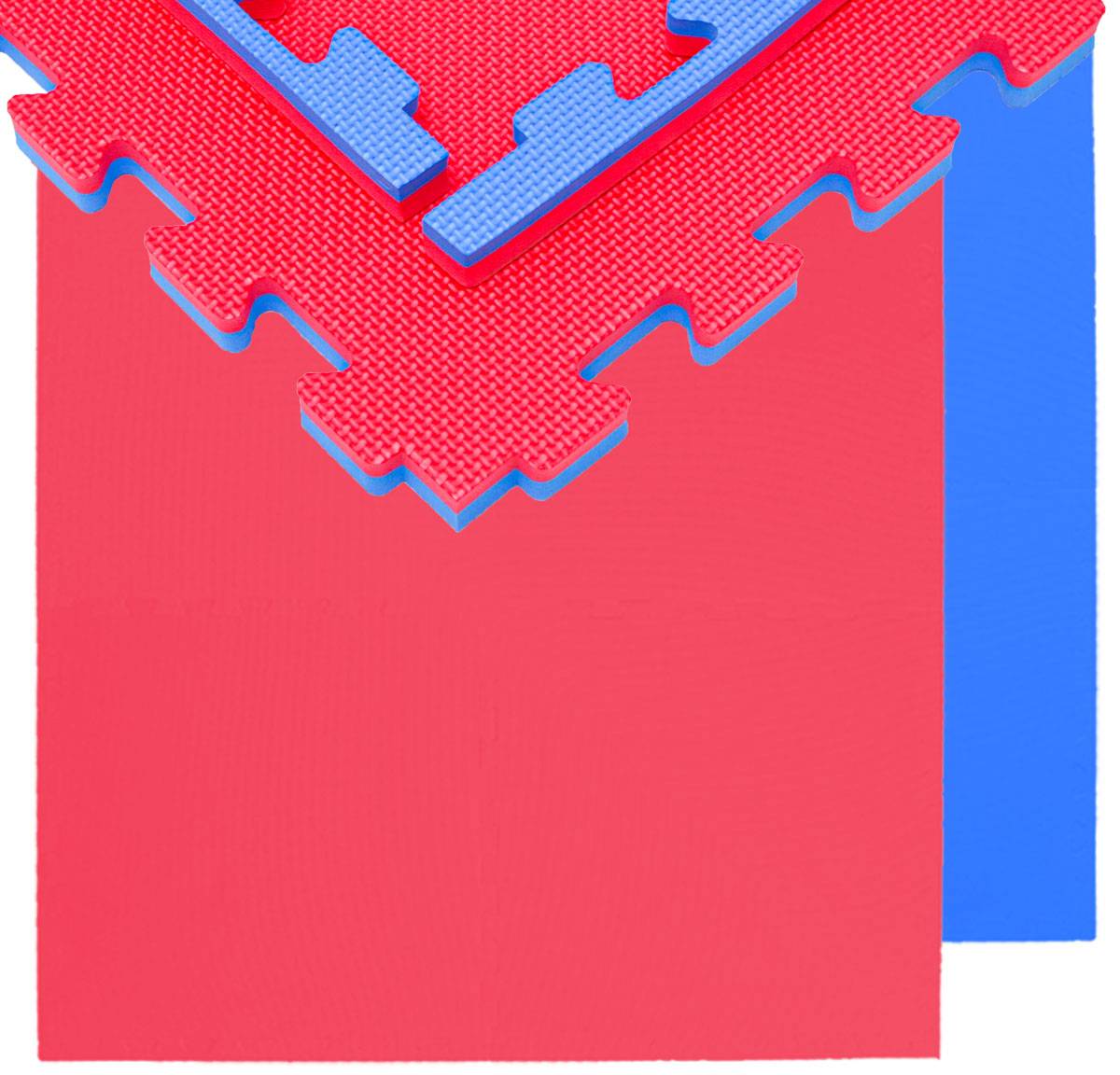 Abstrakte Illustration von überlappenden roten und blauen 3D-Rechteckblöcken mit verschlungenen Zickzackkanten, die ein geschichtetes Puzzle oder modulares Design suggerieren.