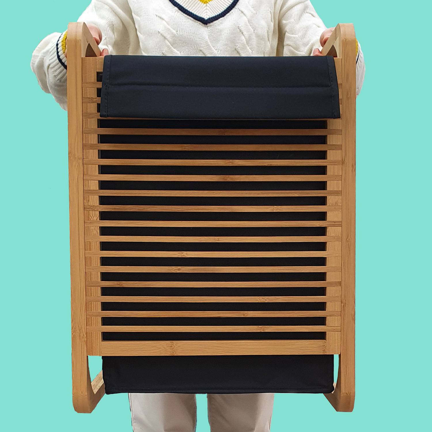 50L Wäschekorb Bambus mit Deckel und Wäschesack - 40x36x57 Holz Wäschesammler