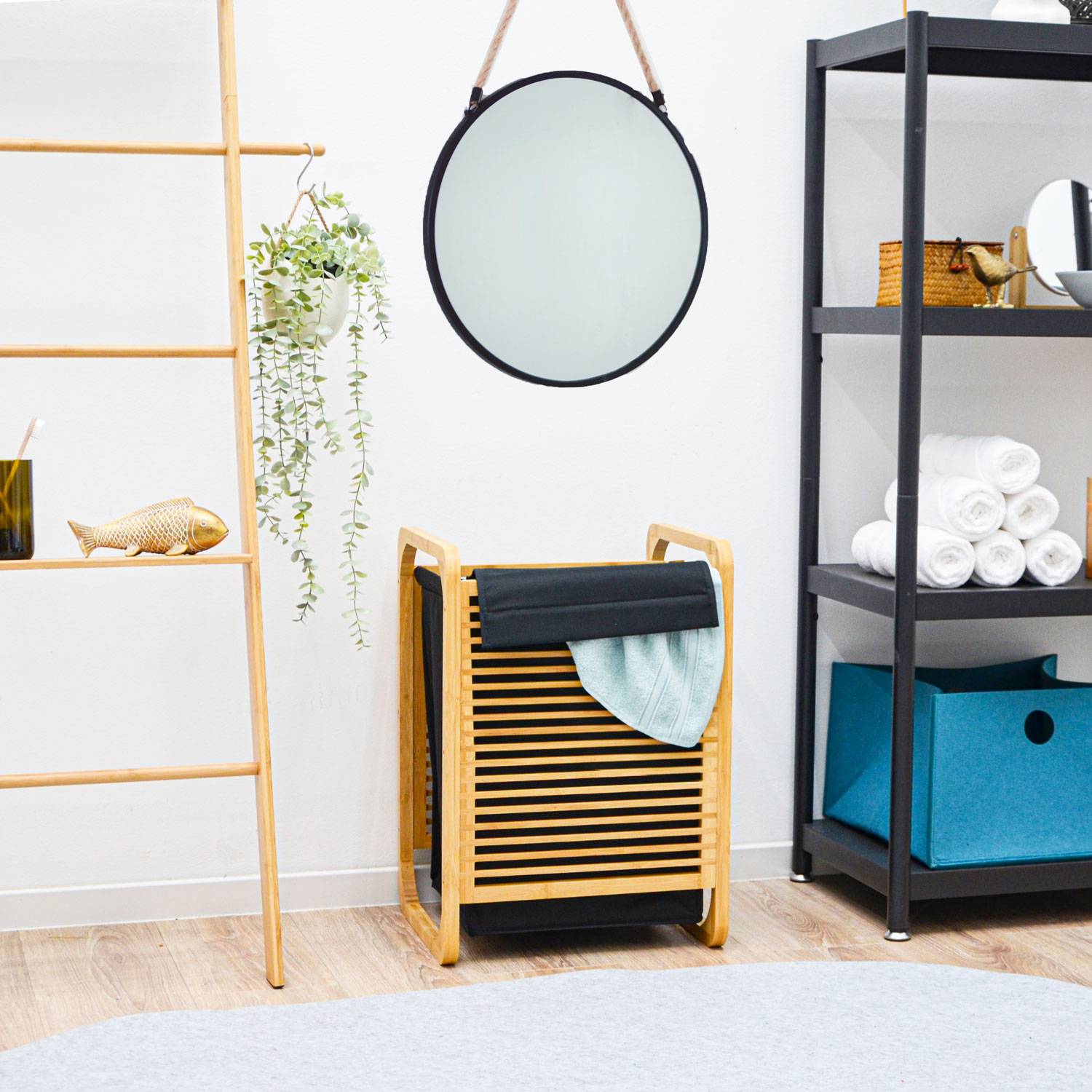 50L Wäschekorb Bambus mit Deckel und Wäschesack - 40x36x57 Holz Wäschesammler