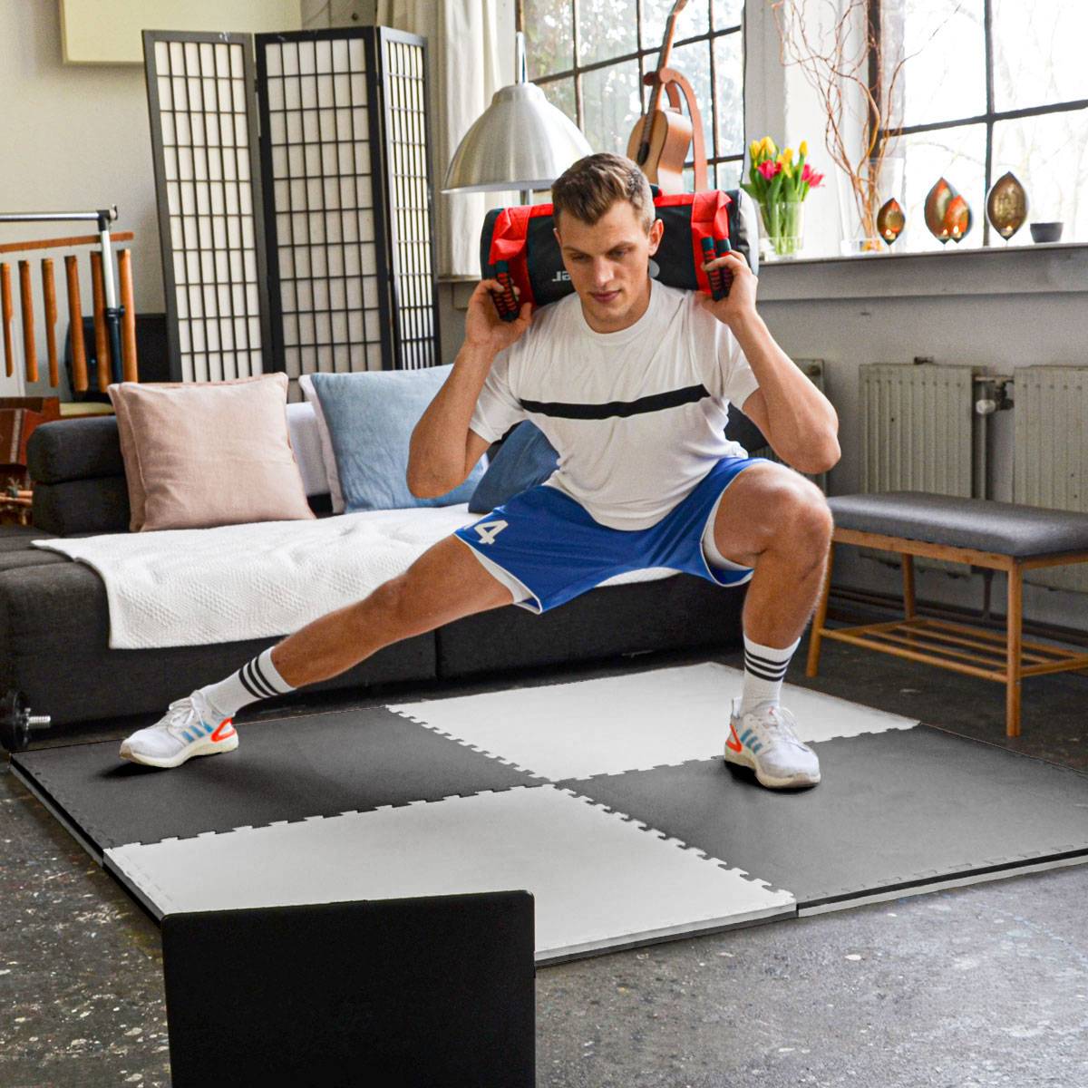 2.4qm Profi Fitnessmatte 2cm - 3er Set 90x90 Bodenschutzmatte für Fitnessgeräte