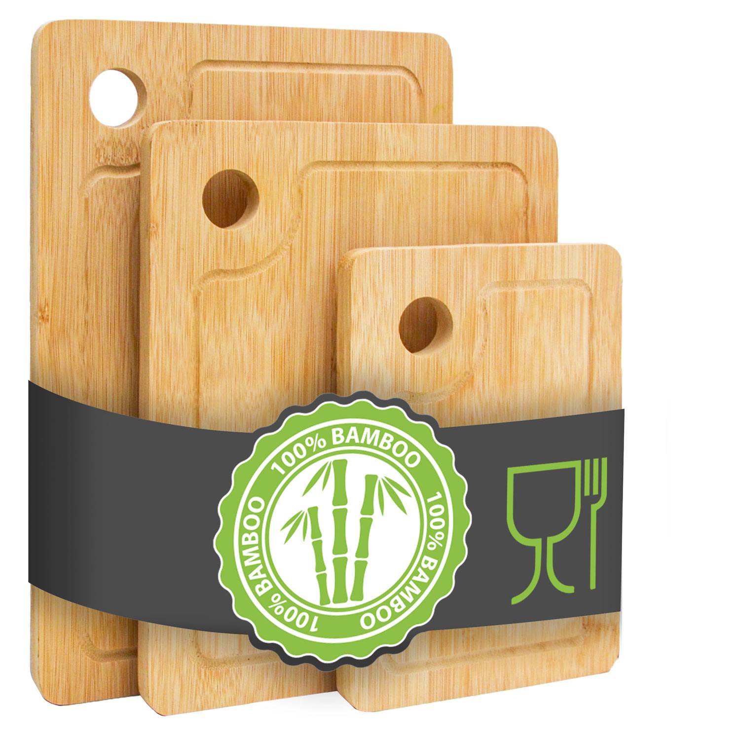 3er Set Bambus Schneidebrett - 33x22cm Antibakterielles Holzbrett mit Saftrille