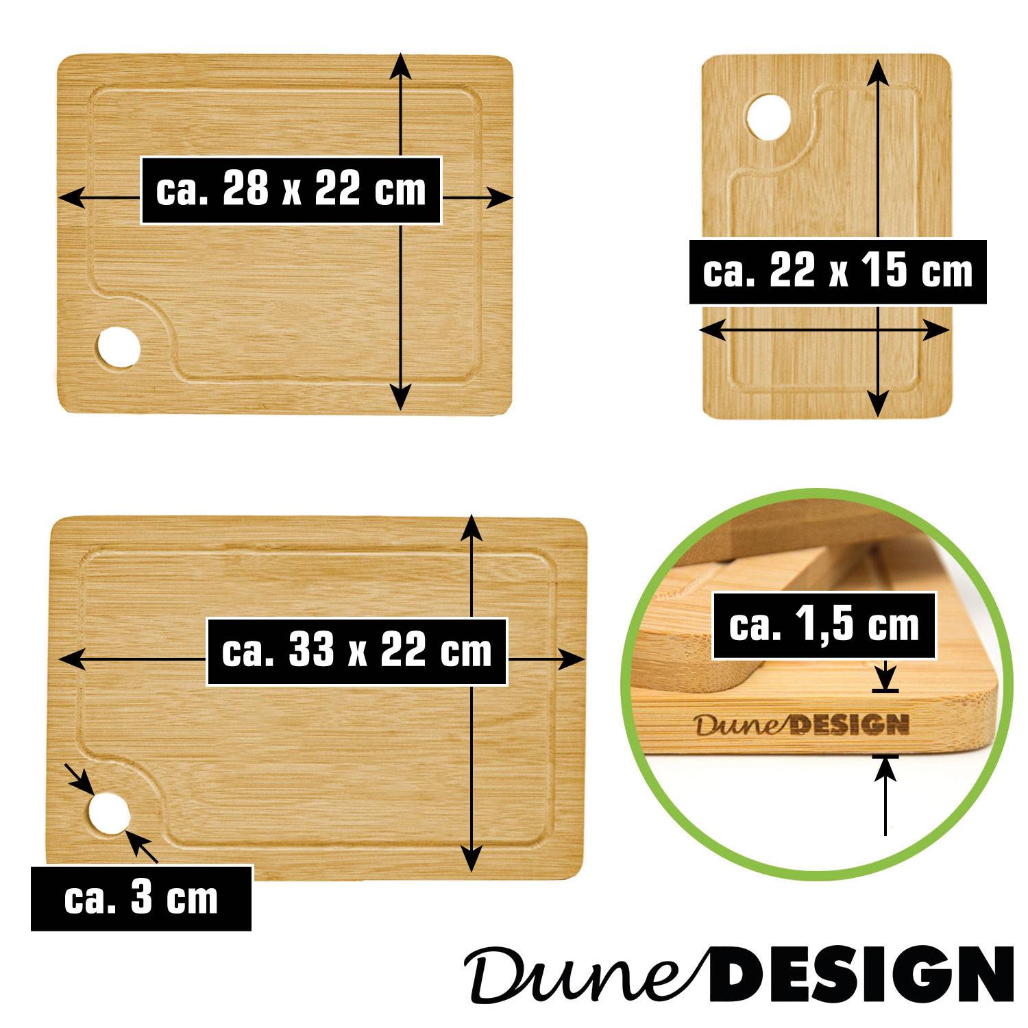 3er Set Bambus Schneidebrett - 33x22cm Antibakterielles Holzbrett mit Saftrille