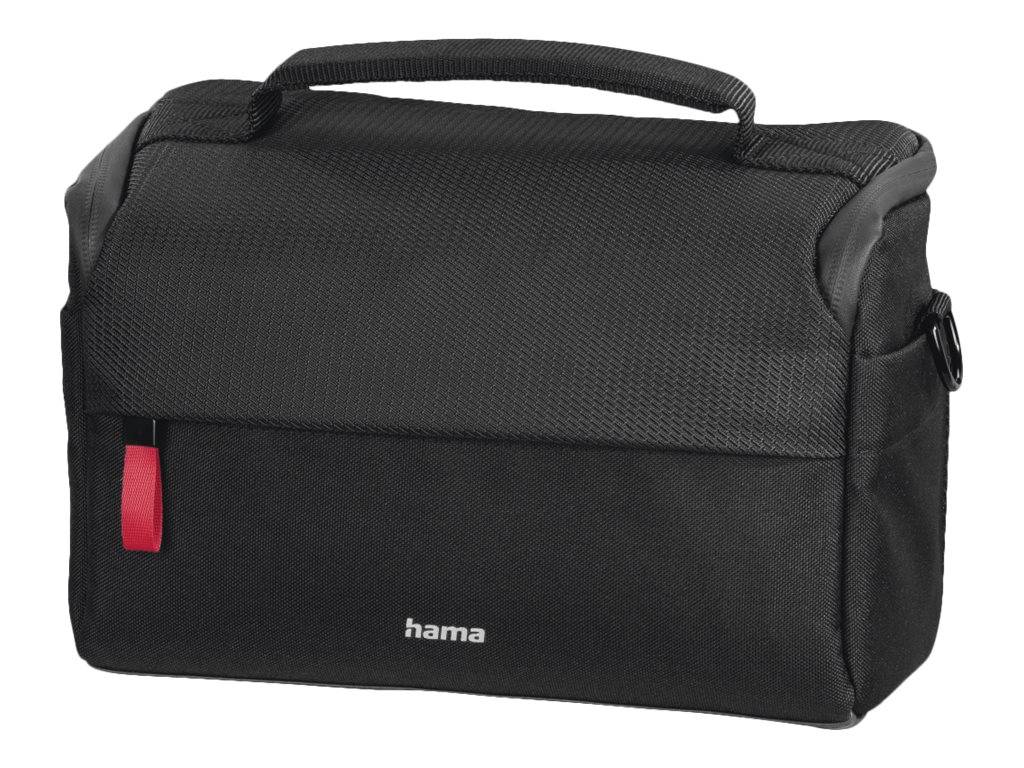 Schwarze Hama-Schutztasche mit Tragegriff oben und rotem Reißverschlussschieber, auf weißem Hintergrund dargestellt.