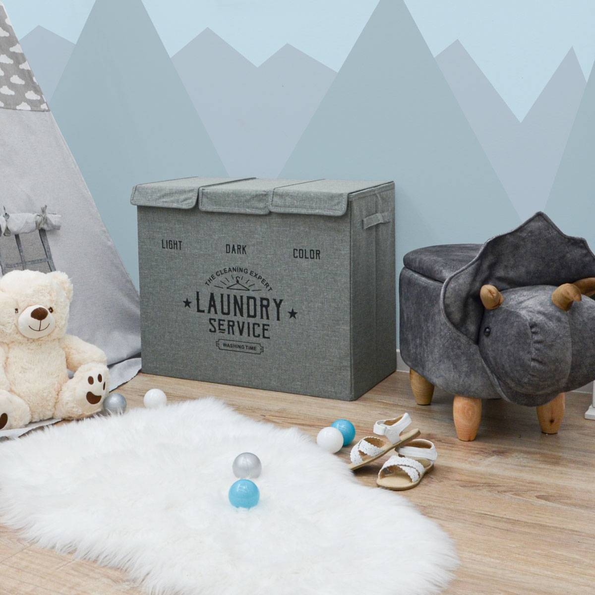 3 Fächer Wäschekorb mit Deckel - 84L Wäschesammler Faltbar - 60x30x50 Wäschebox