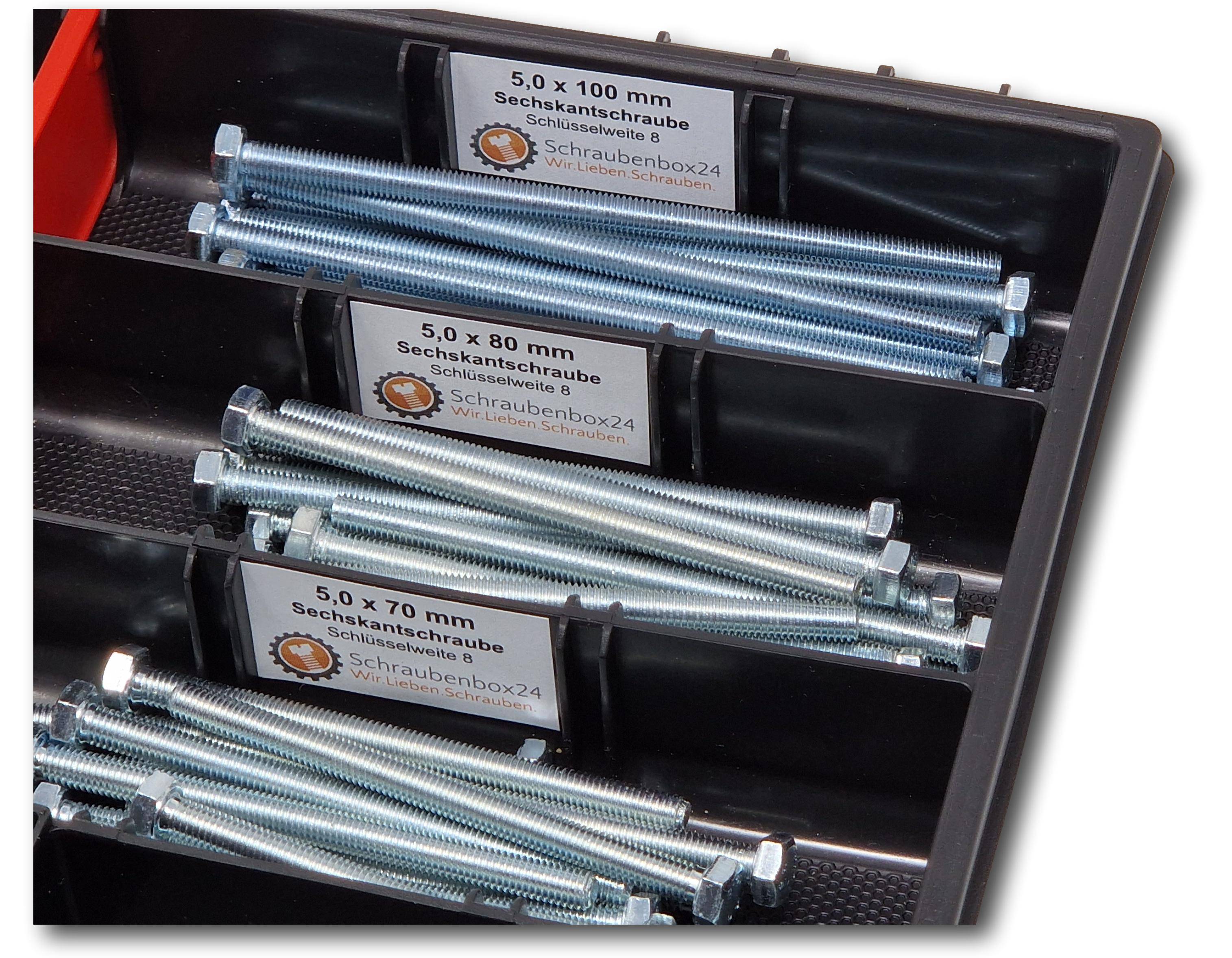 Sechskantschrauben Sortiment M5 // 65mm-100mm 90 tlg Schraubenbox DIN 933/ISO4017