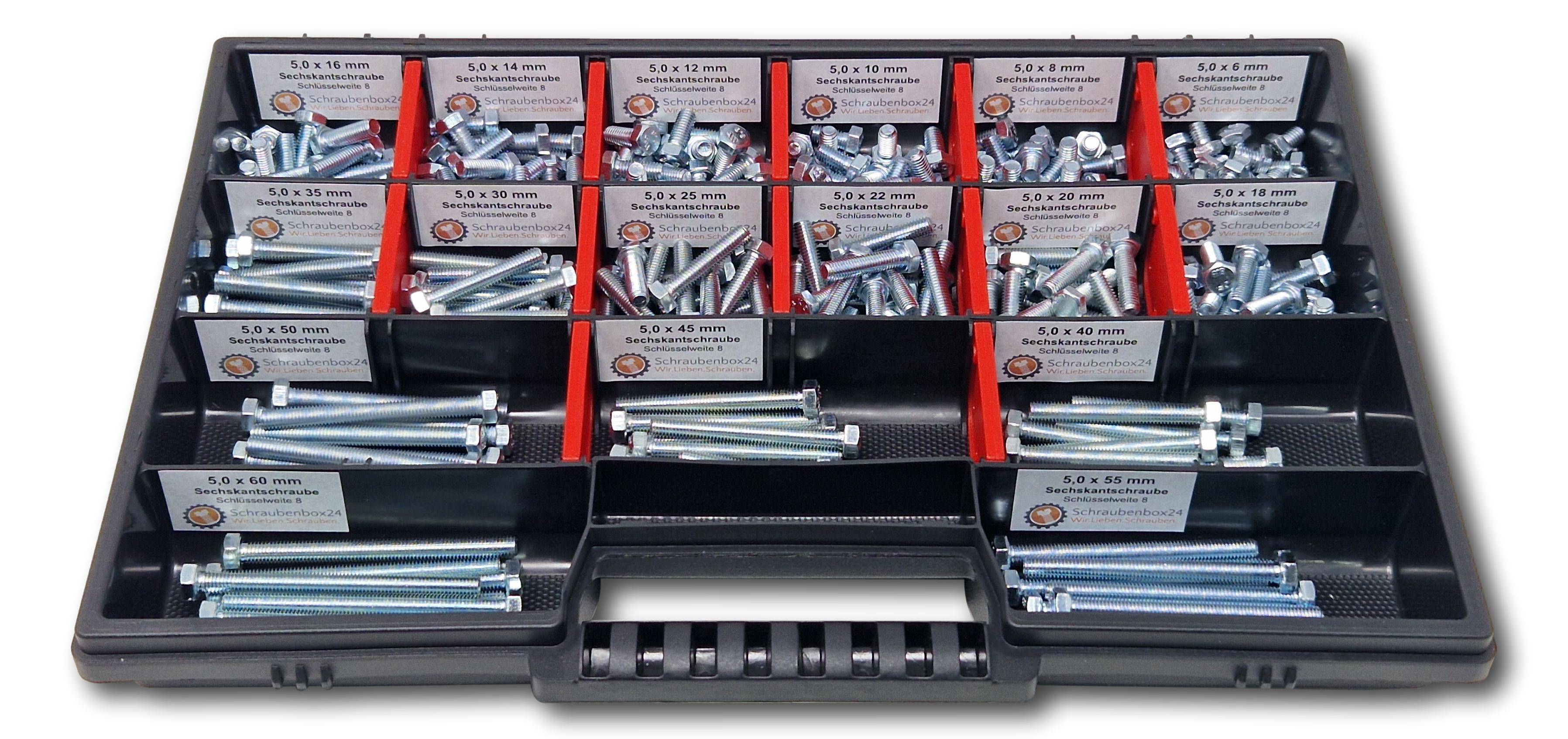 Sechskantschrauben Sortiment M5 // 6mm-60mm 300 tlg Schraubenbox DIN 933/ISO4017