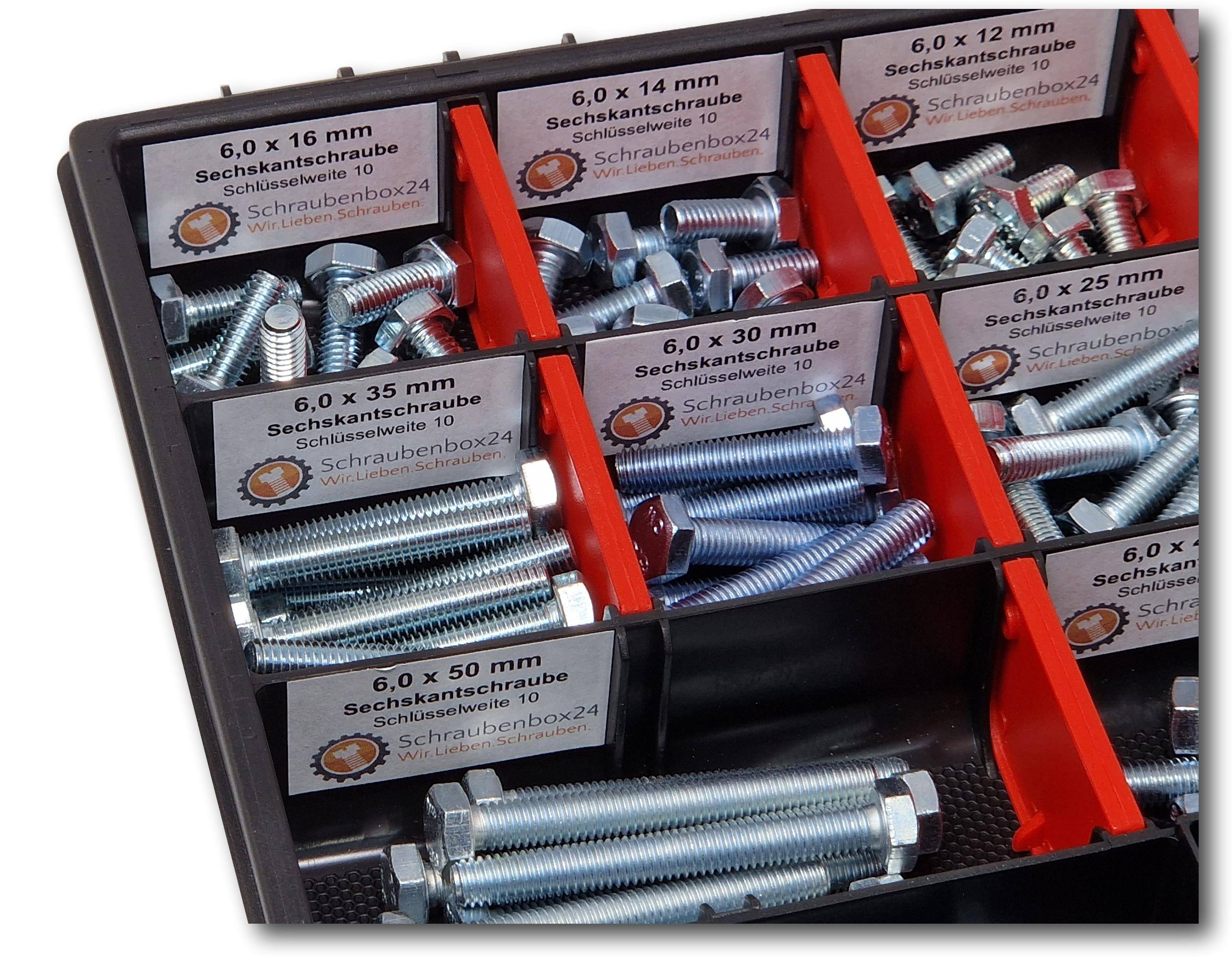 Sechskantschrauben Sortiment M6 // 6mm-60mm 200 tlg. Schraubenbox DIN 933 ISO 4017