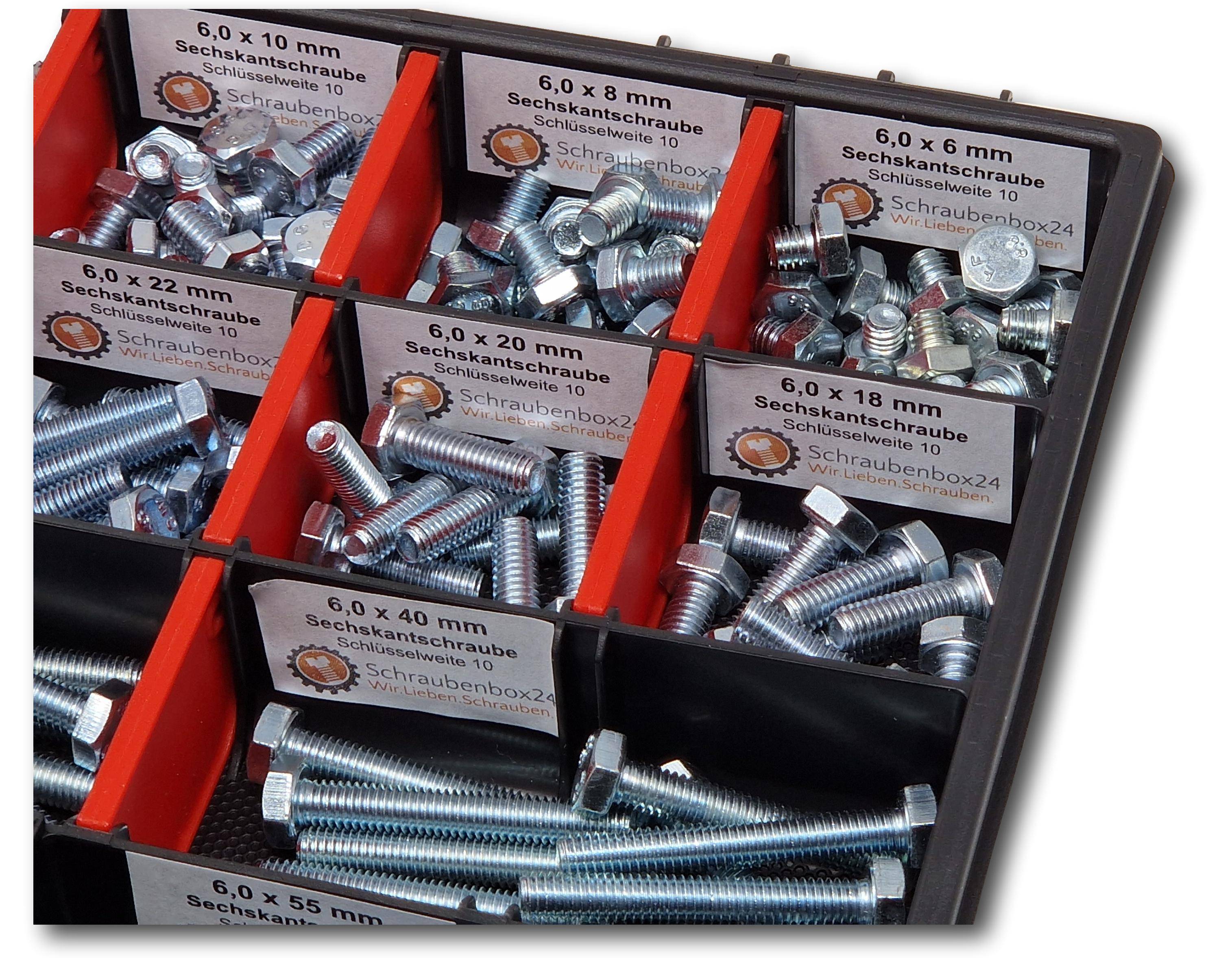Sechskantschrauben Sortiment M6 // 6mm-60mm 200 tlg. Schraubenbox DIN 933 ISO 4017