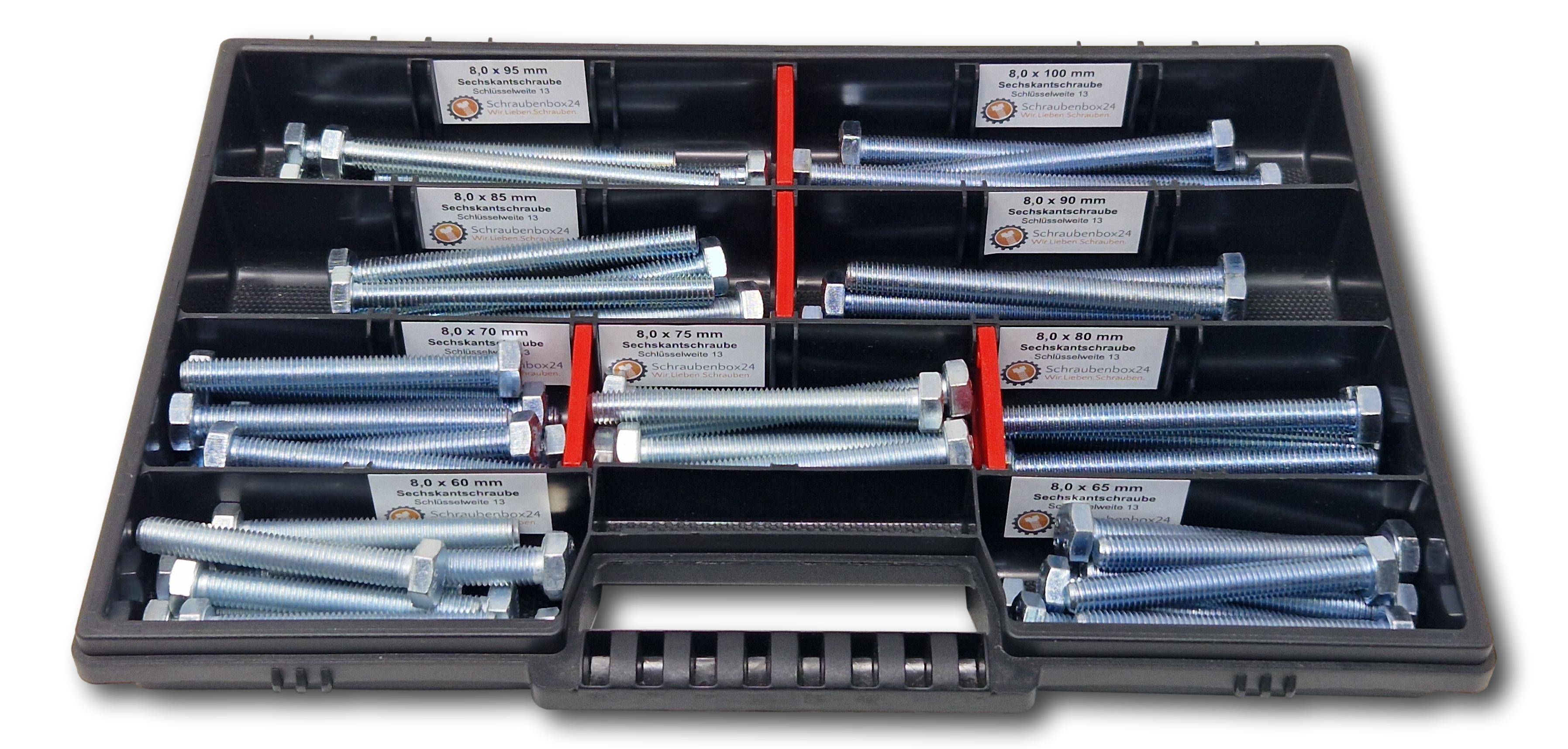 Sechskantschrauben Sortiment M8 // 60mm-100mm 65 tlg Schraubenbox DIN 933/ISO4017