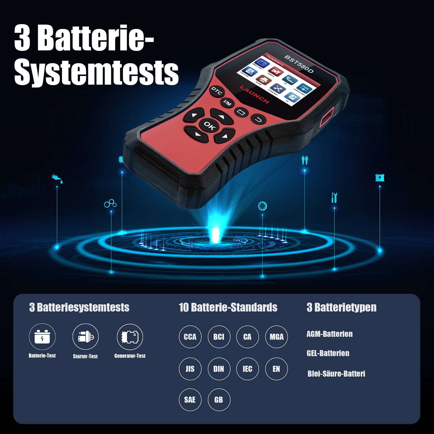 LAUNCH BST-580D Batterietester KFZ und OBD Scanner mit 3 Batteriesystemtests