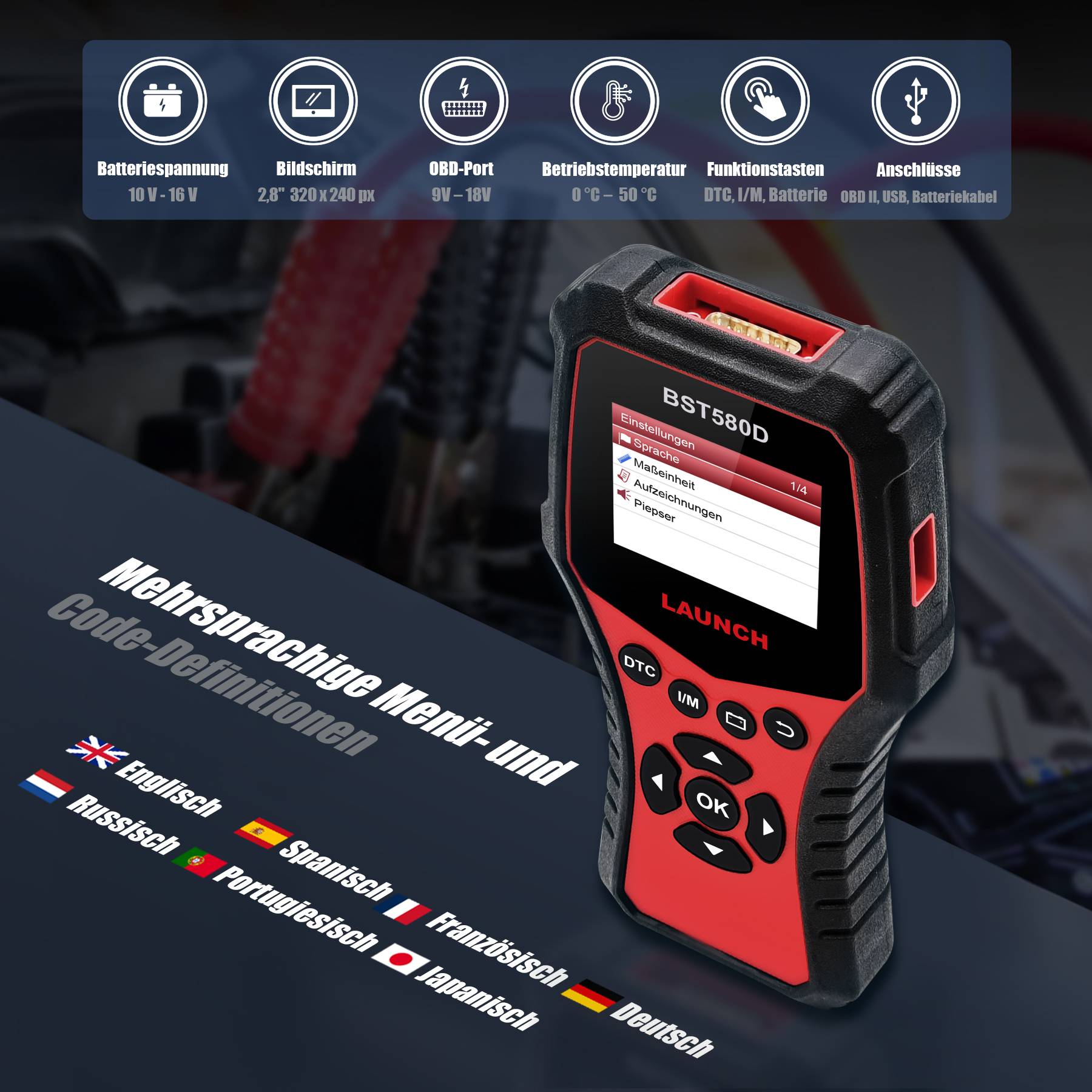LAUNCH BST-580D Batterietester KFZ und OBD Scanner mit 3 Batteriesystemtests
