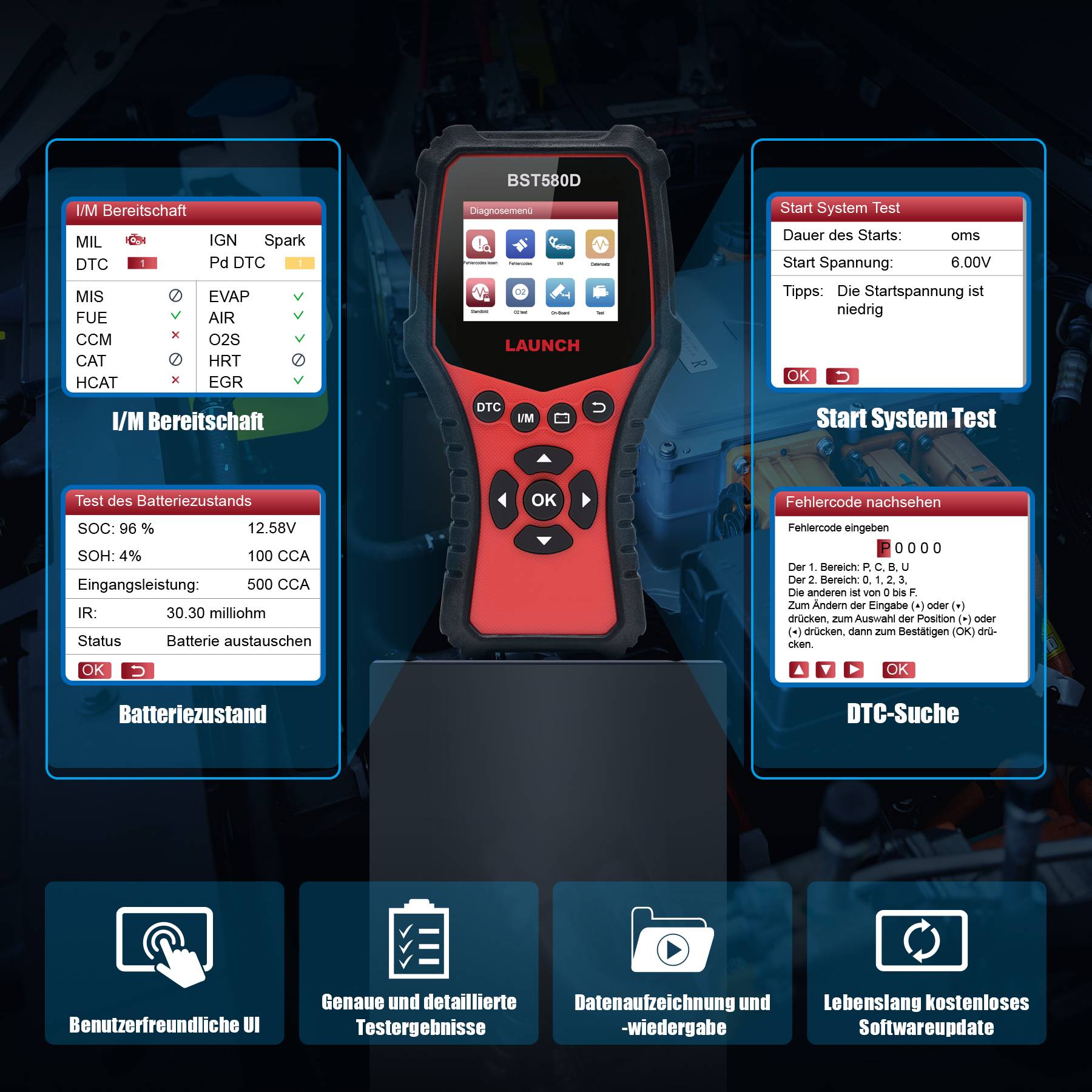 LAUNCH BST-580D Batterietester KFZ und OBD Scanner mit 3 Batteriesystemtests