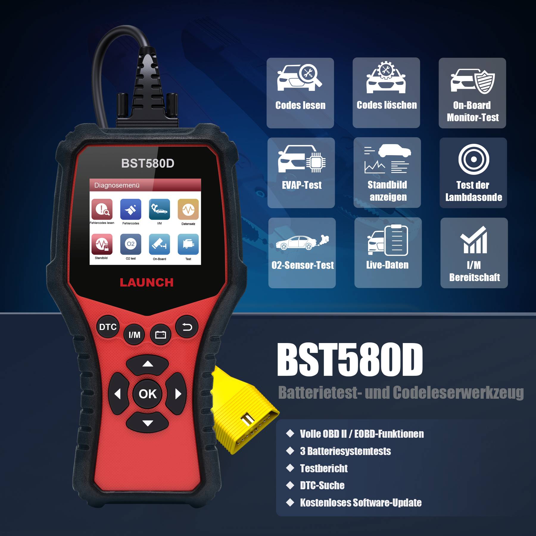 LAUNCH BST-580D Batterietester KFZ und OBD Scanner mit 3 Batteriesystemtests