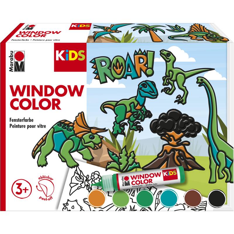 Kinder-Fenstermalset mit Dinosaurier-Illustrationen, inklusive Bäumen und Vulkan. Enthält Malmittel in einer Tube mit fünf Farben, geeignet für Kinder ab 3 Jahren.
