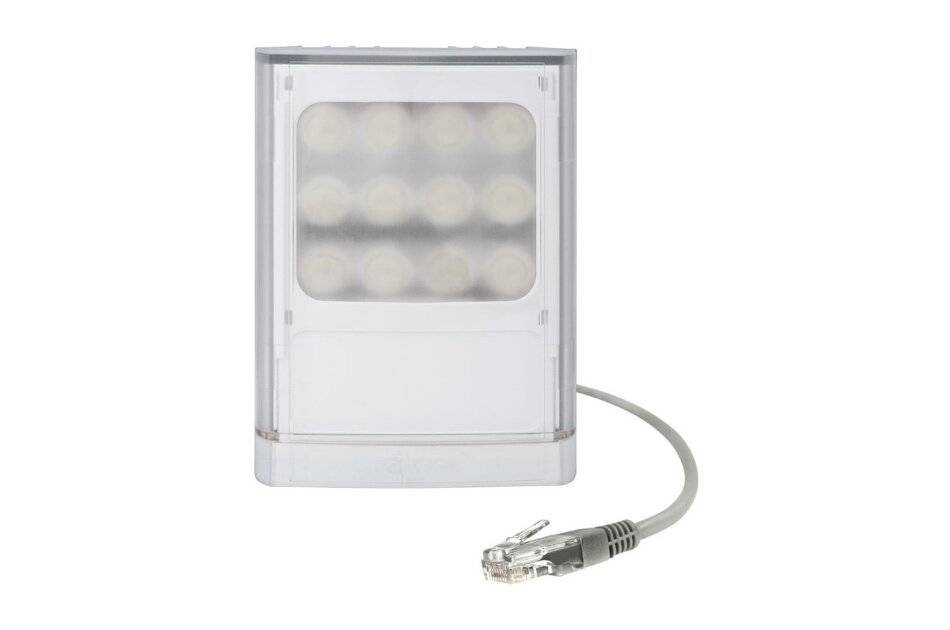 Kompaktes weißes LED-Leuchtpaneel mit angebrachtem Ethernet-ähnlichem Kabel und Stecker auf neutralem Hintergrund.