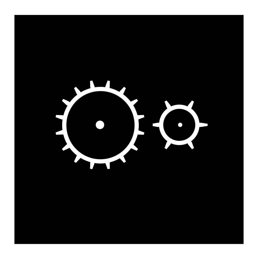 Zwei weiße Zahnradsymbole, eines groß und eines klein, auf schwarzem Hintergrund.