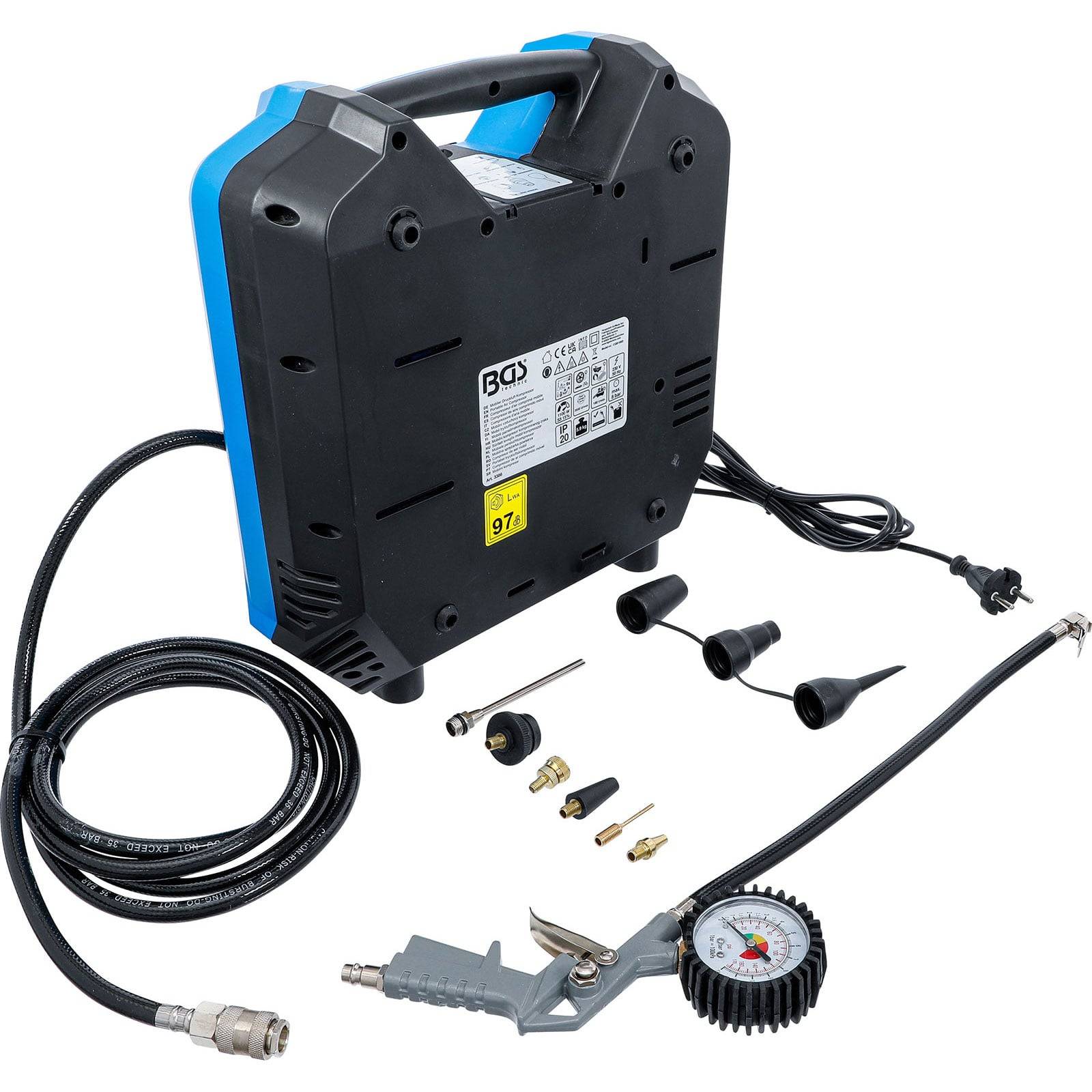 Ein tragbarer Luftkompressor mit einem schwarz-blauen Gehäuse, verschiedenen Aufsätzen, einem Manometer und Schläuchen zum Aufpumpen von Reifen oder anderen Gegenständen.