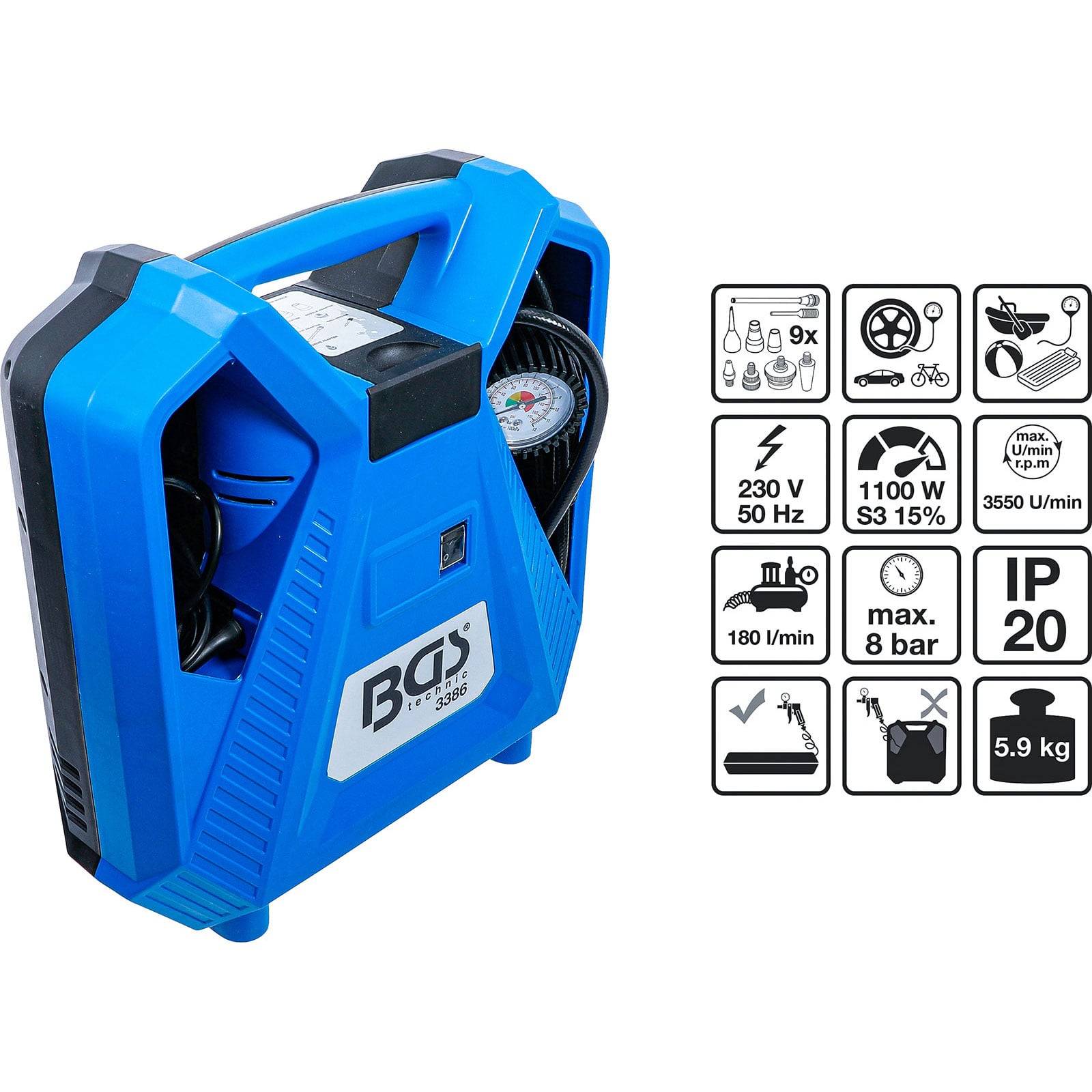 Blauer tragbarer Luftkompressor mit Manometer, ausgestattet mit 230V, 1100W, maximaler Druck von 8 bar, geeignet für Autos, Fahrräder, aufblasbare Gegenstände, wiegt 5,9 kg.