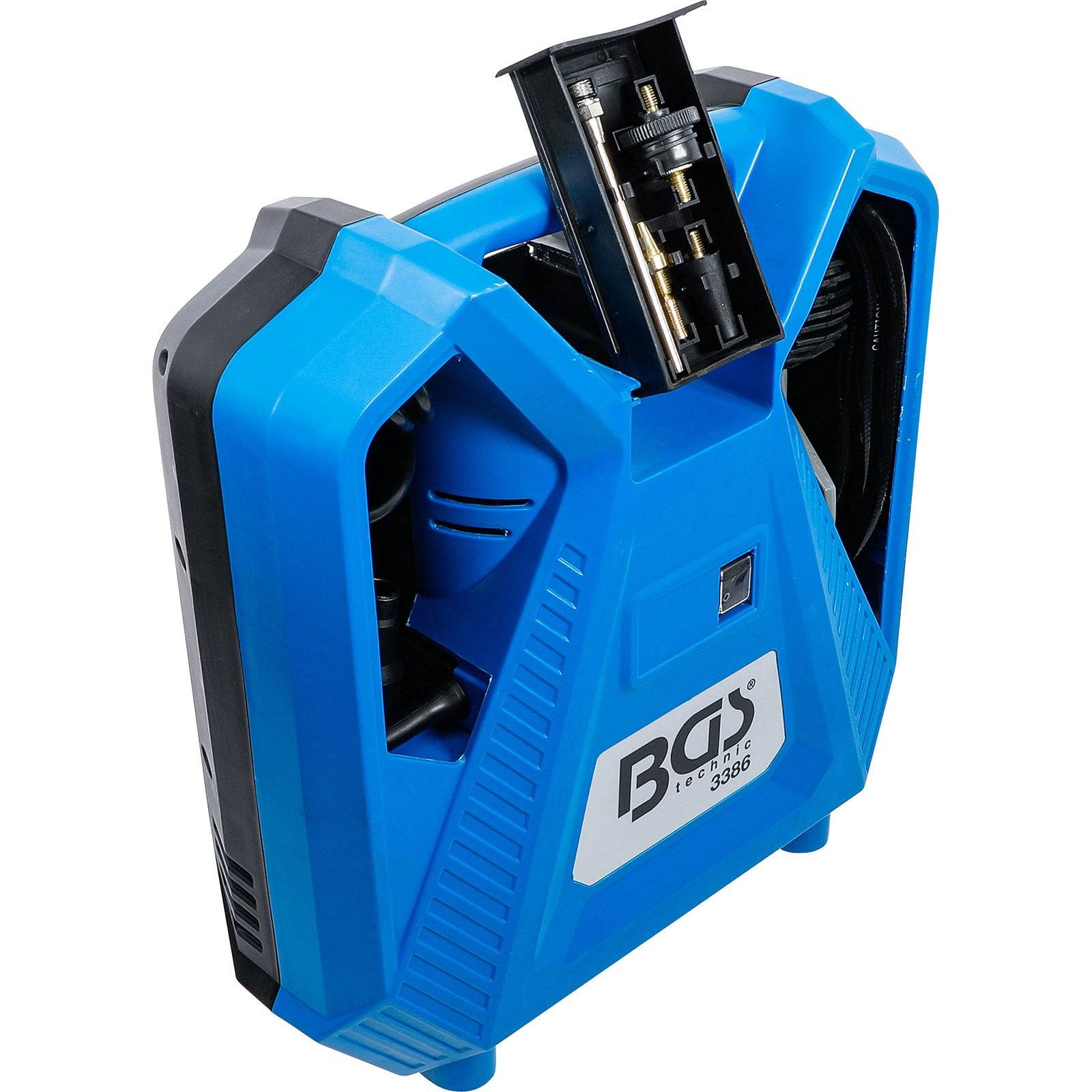 Ein blauer tragbarer Luftkompressor mit einem Manometer und einem geöffneten Seitenkompartiment. Das Markenlogo 'BGS' ist prominent zu sehen.